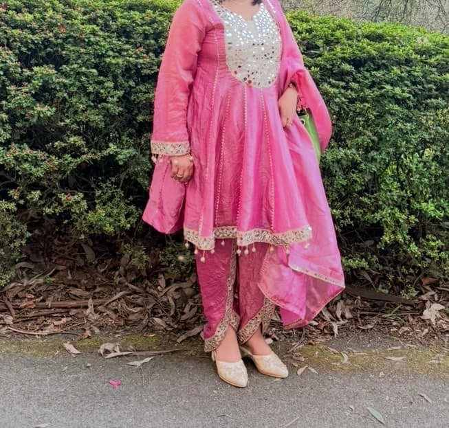 Onion Pink Art Silk Dhoti Suit with Mirror and Thread Work