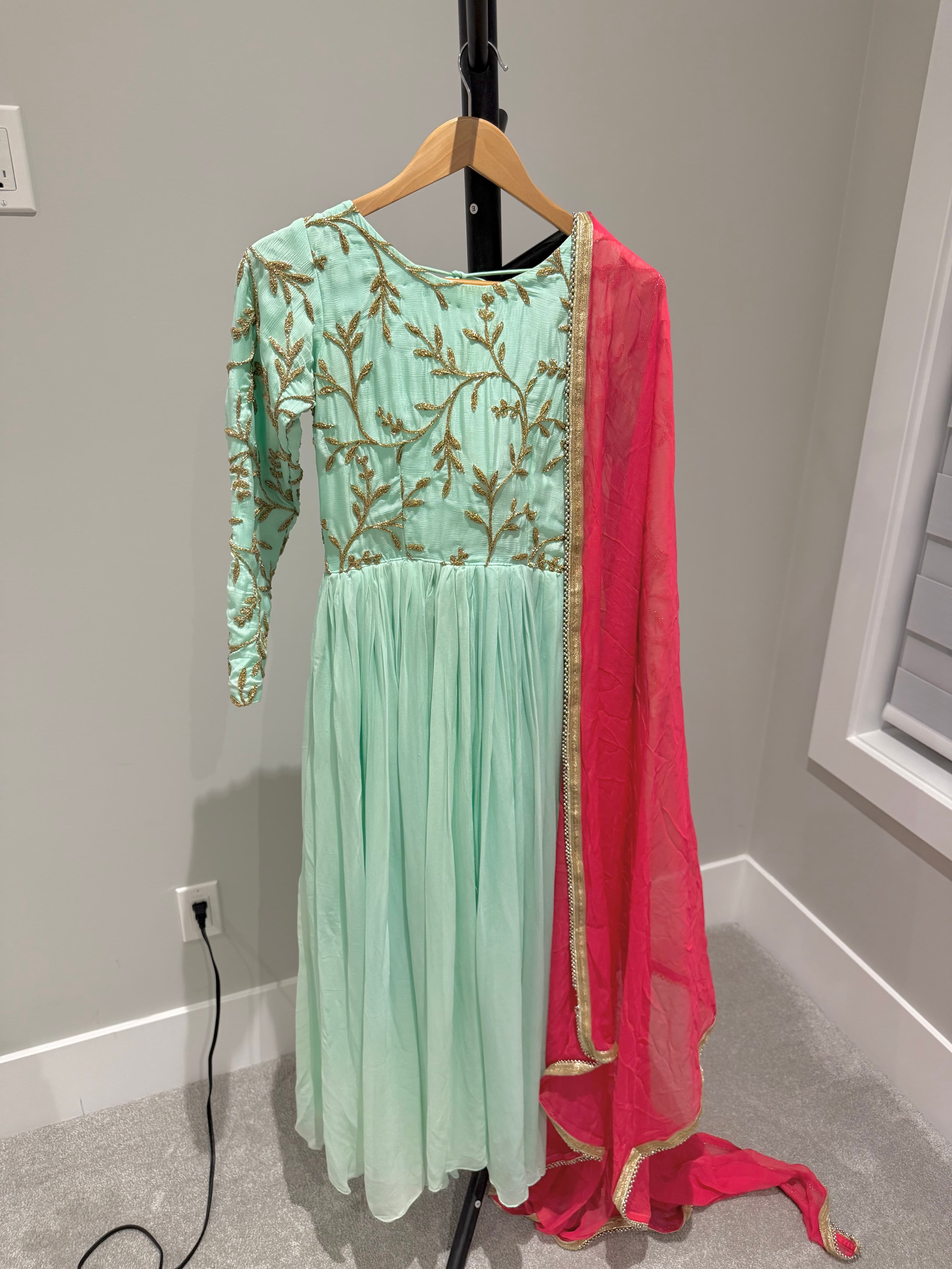 Elegant Mint Green Anarkali Suit with Gold Embroidery and Hot Pink Dupatta