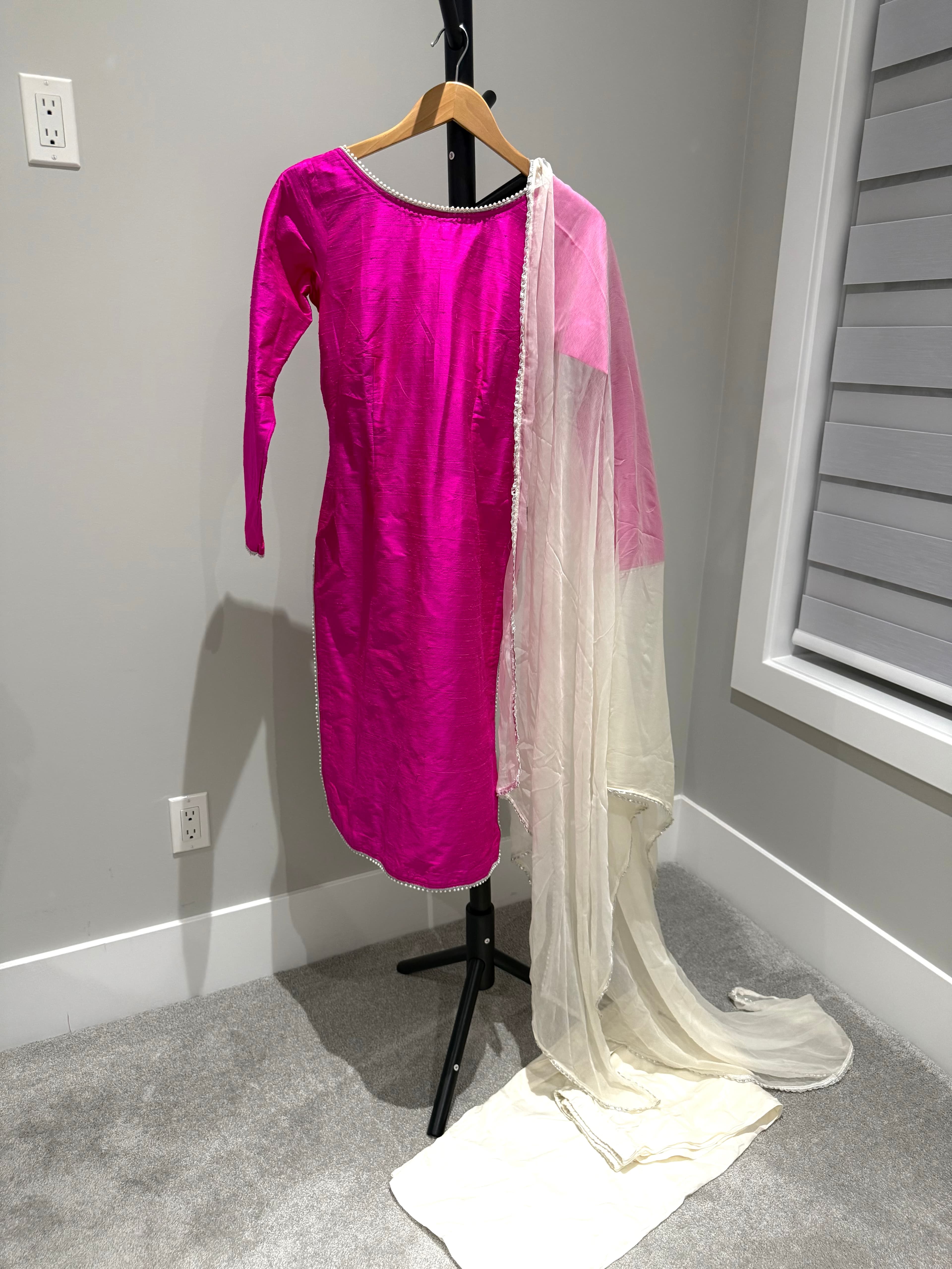 Vibrant Pink Raw Silk Suit with Pearl Detailing and Cream Dupatta