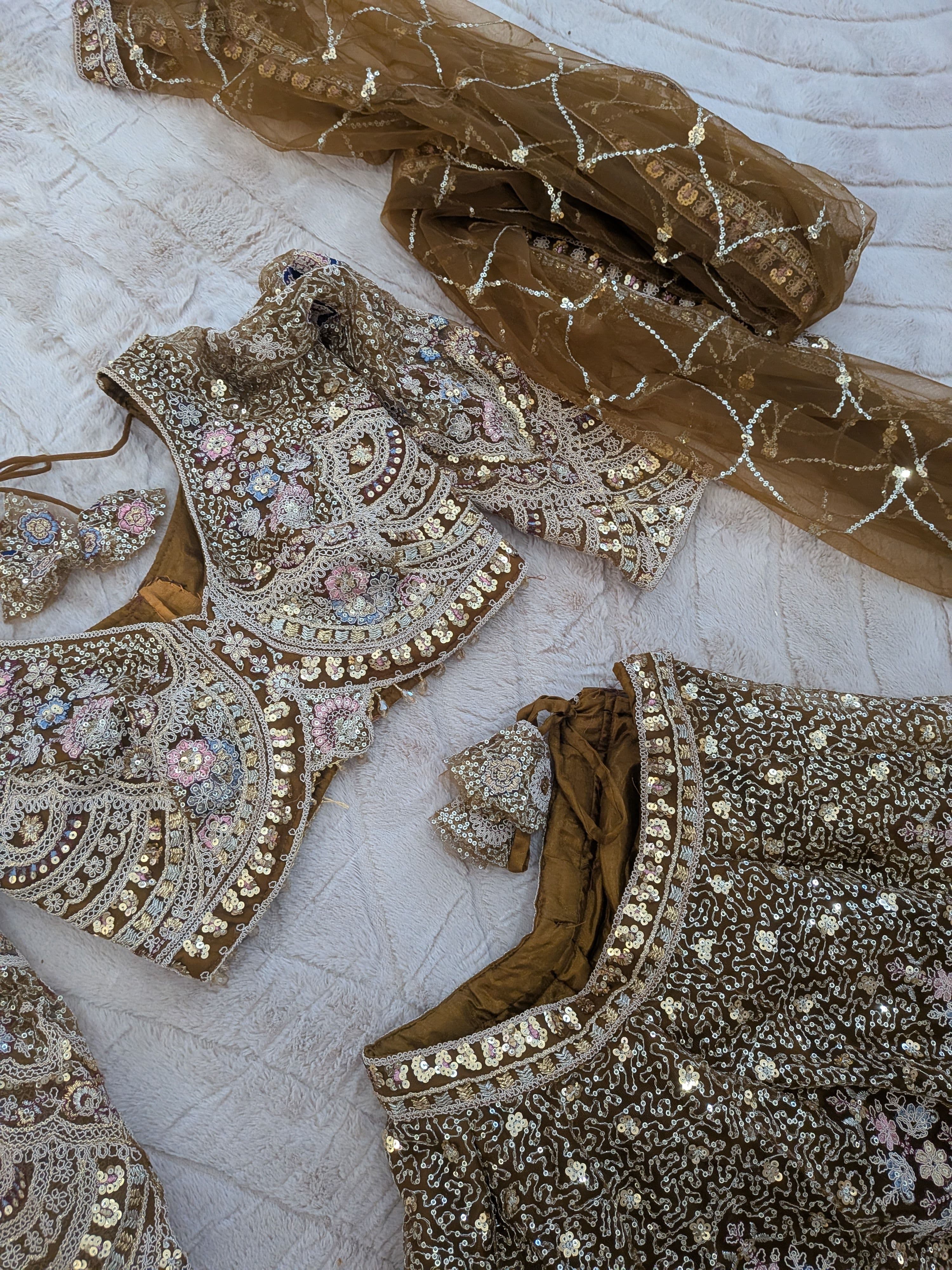Stunning Brown and Gold Sequin Embroidered Lehenga Choli with Net Dupatta