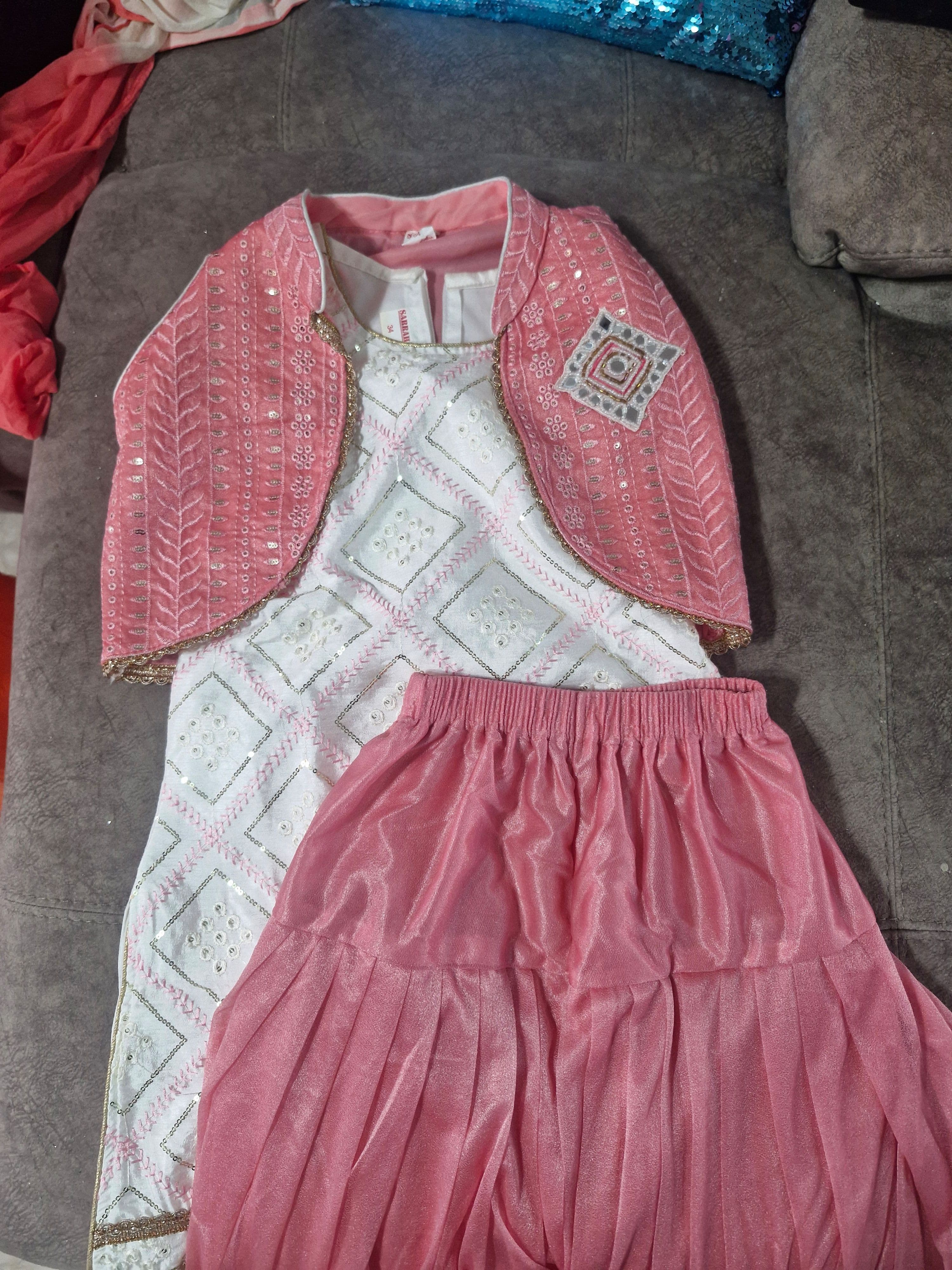 Girls Pink and White Embroidered Kurta with Dhoti and Shrug Set