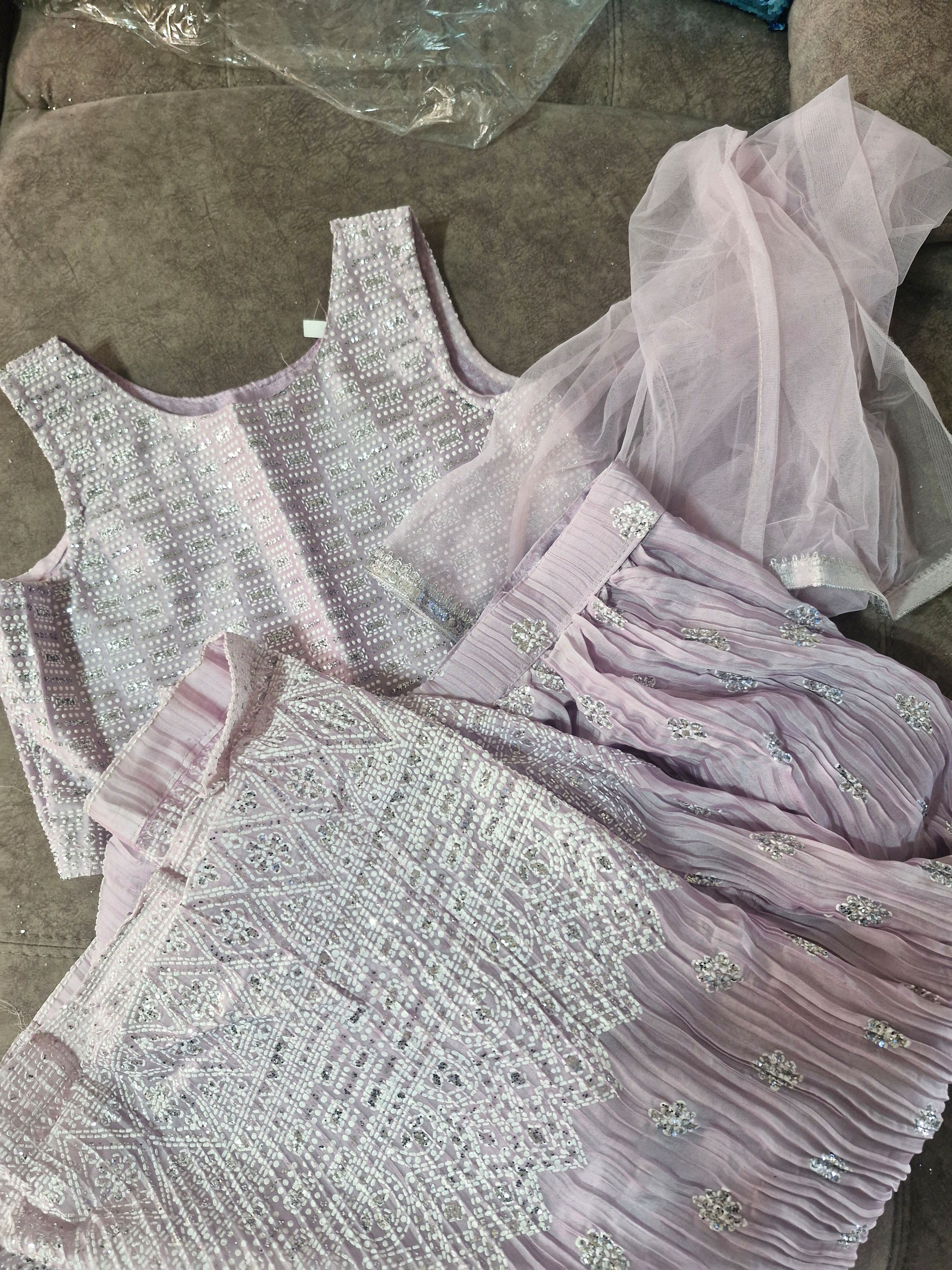 Elegant Lavender Sequin & Thread Work Lehenga Set with Dupatta