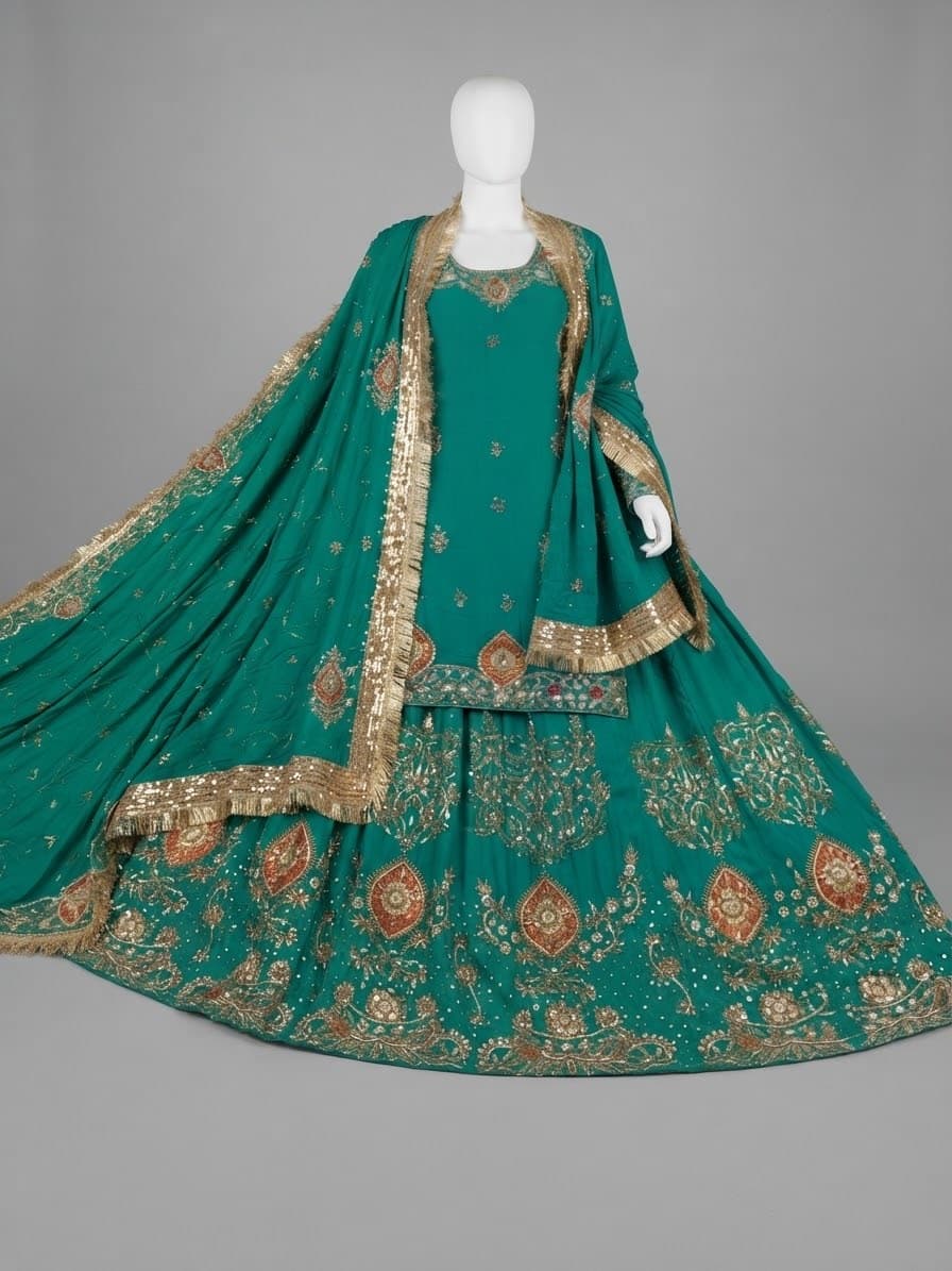 Teal Green Heavy Hand-Worked Lehenga with Long Shirt & Dupatta