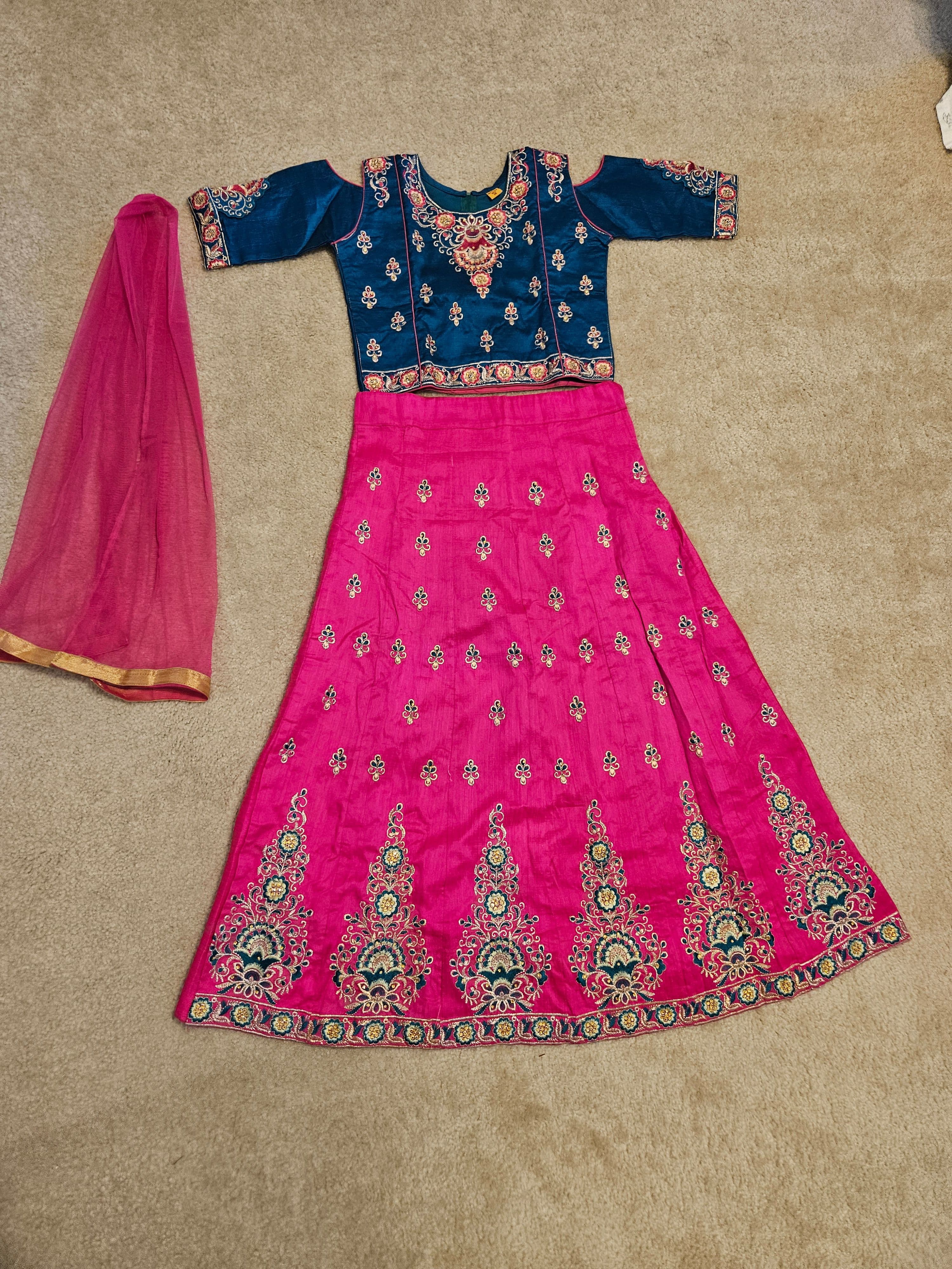 Vibrant Pink & Teal Embroidered Lehenga Choli with Dupatta
