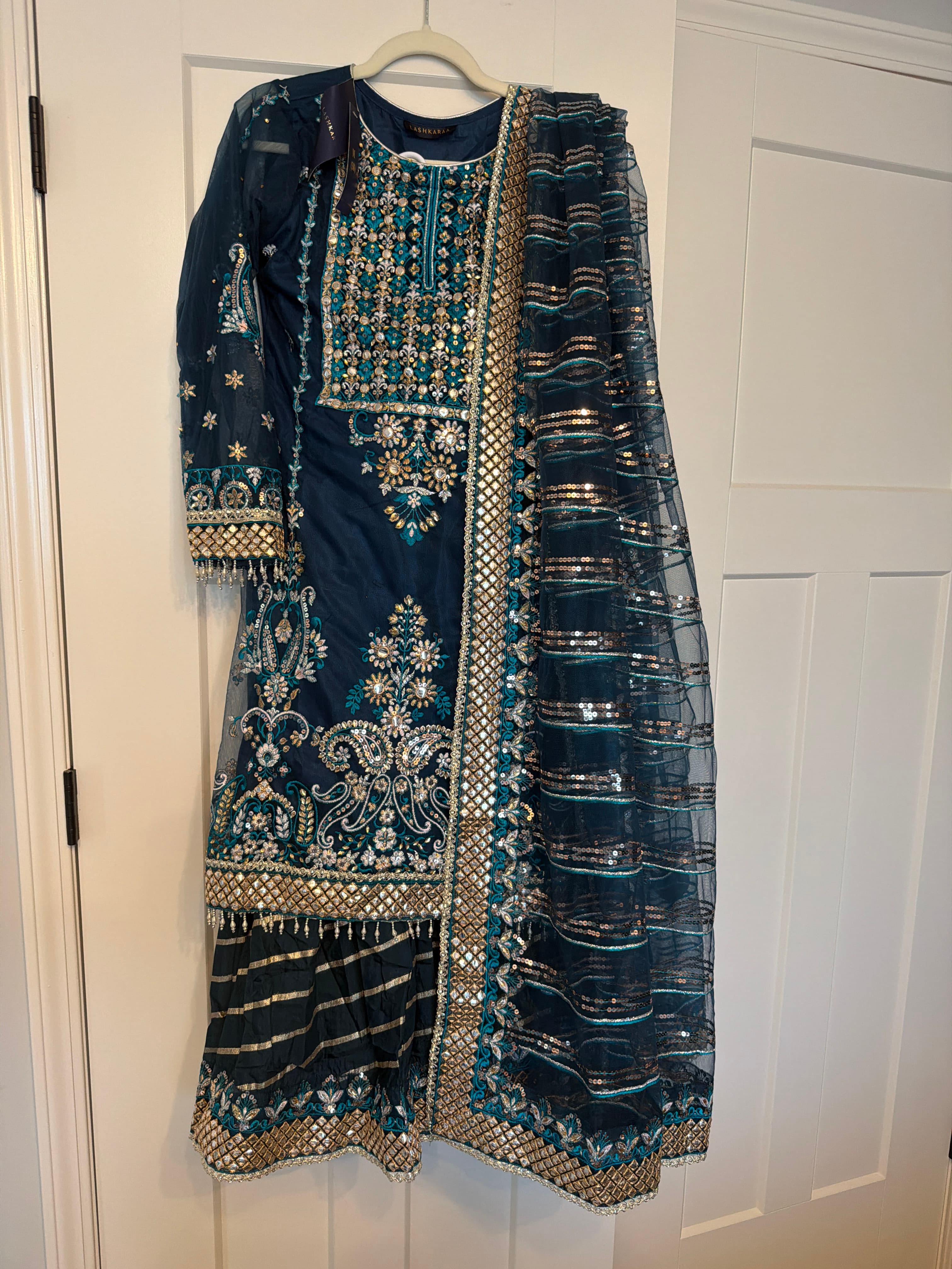 Stunning Teal Green Sharara Suit with Gold and Teal Embroidery and Sequin Work
