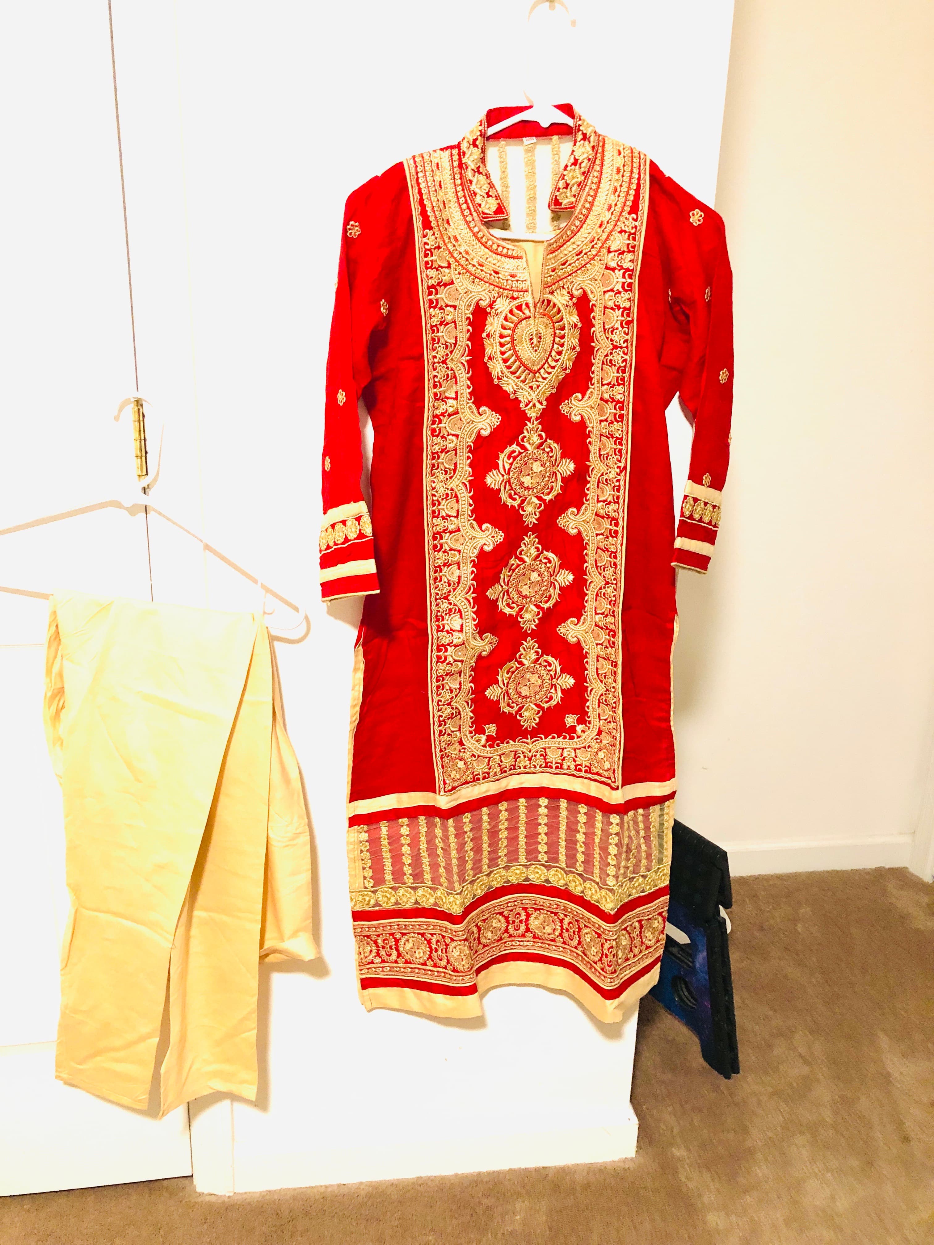 Elegant Red and Gold Embroidered Salwar Suit with Cream Bottom and Dupatta