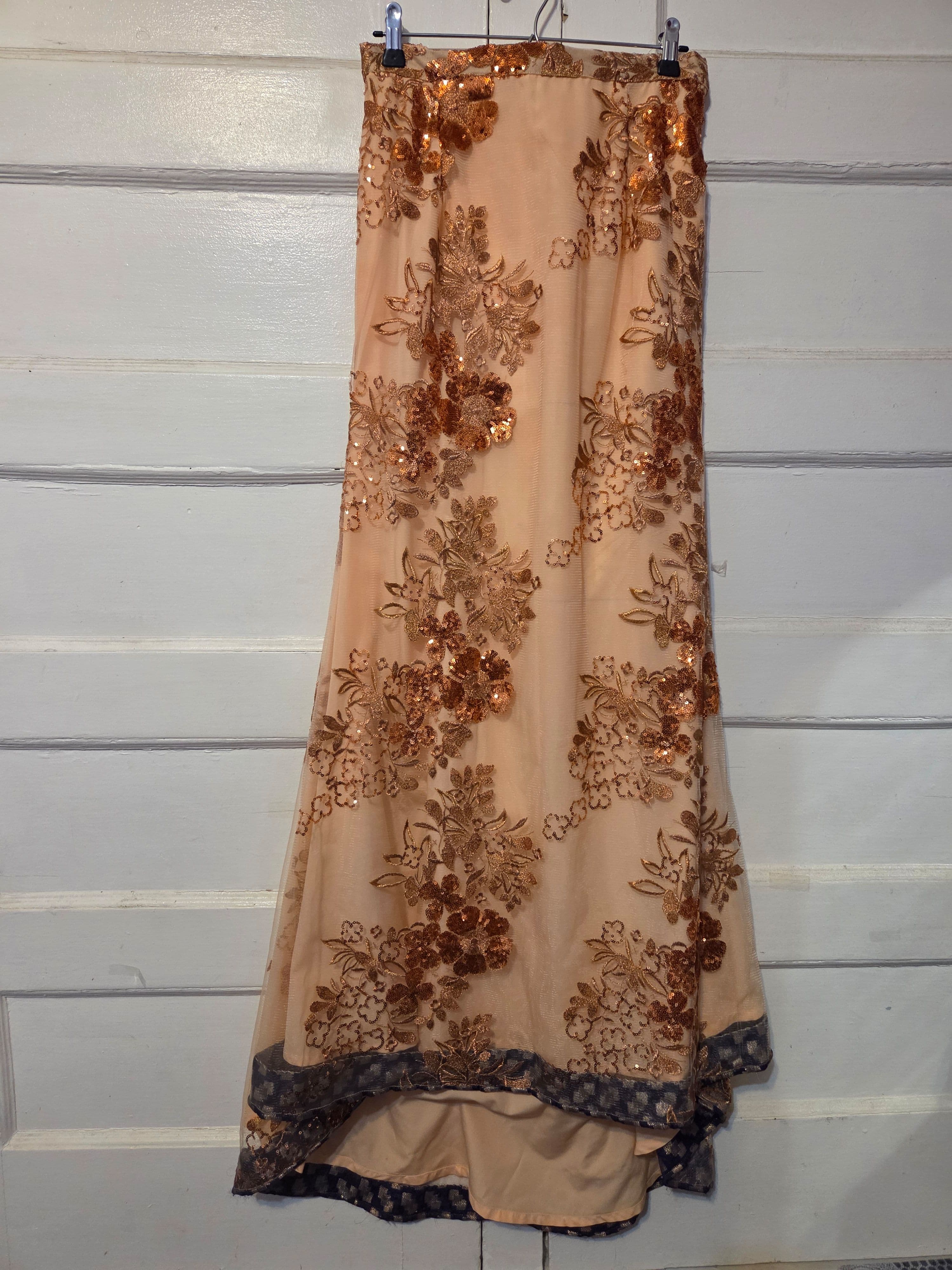 Elegant Peach Net High and low Lehenga Skirt with Copper Sequin & Thread Embroidery