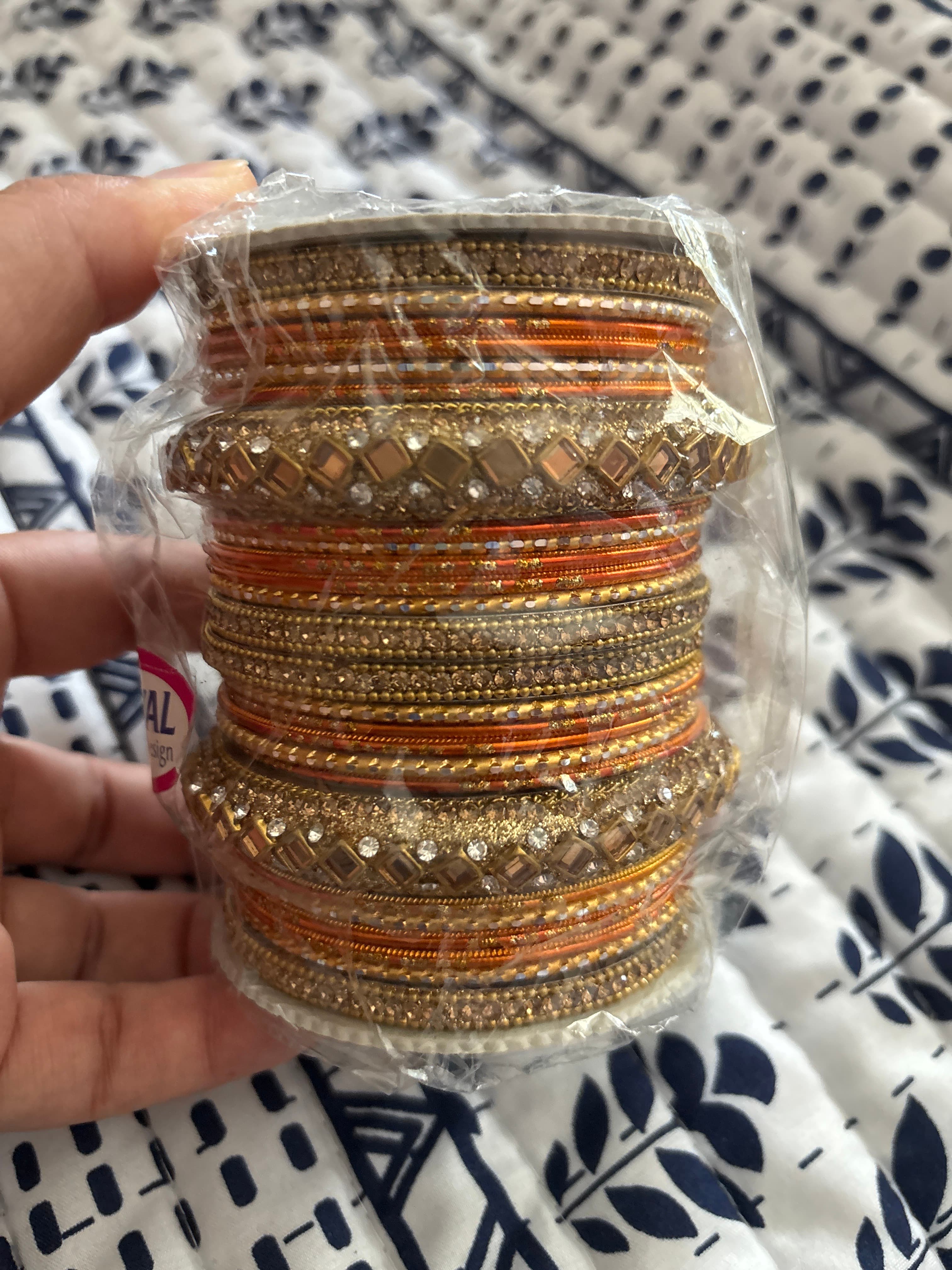 Gold & Orange Bangles | Stone & Mirror Work