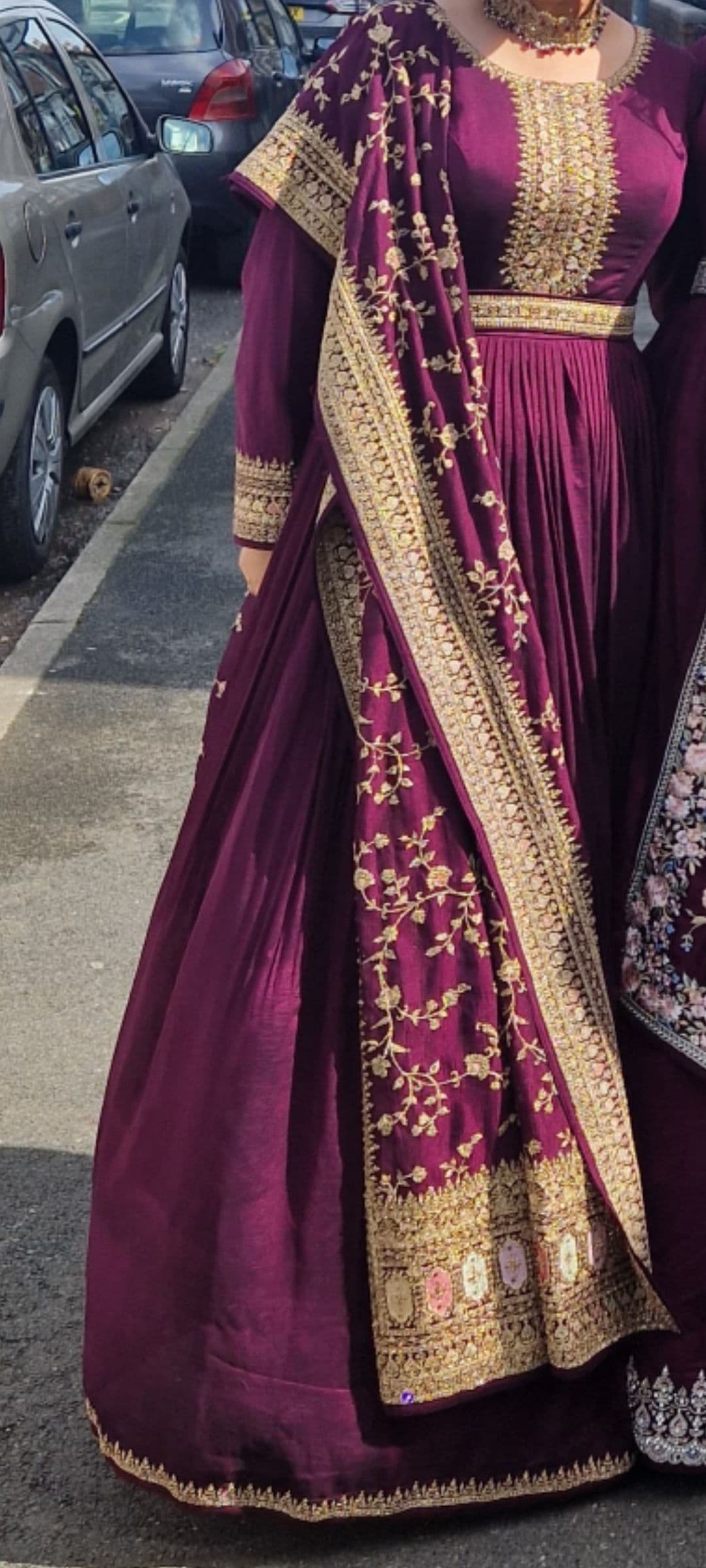 Elegant Plum Anarkali Gown with Stones and Gold Thread Embroidery