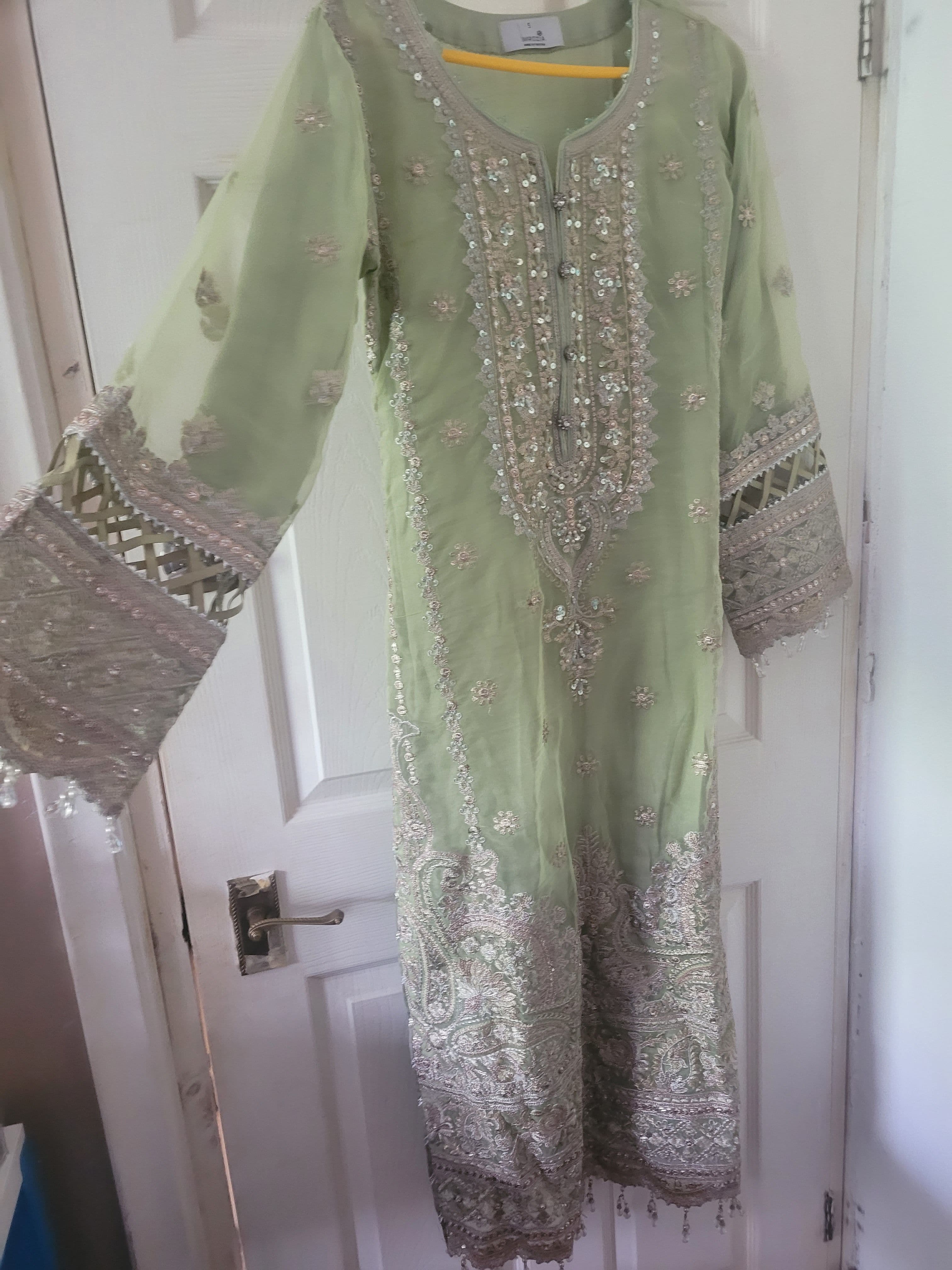 Elegant Light Green Embroidered Suit with Sequin and Stone Work