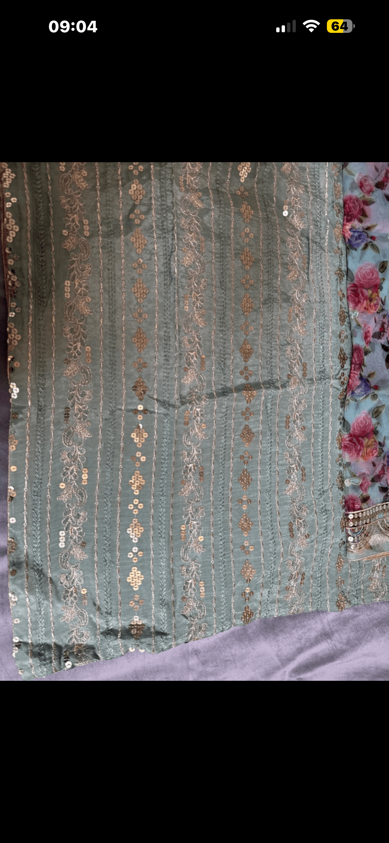 Long green raw silk shirt with floral print dubata