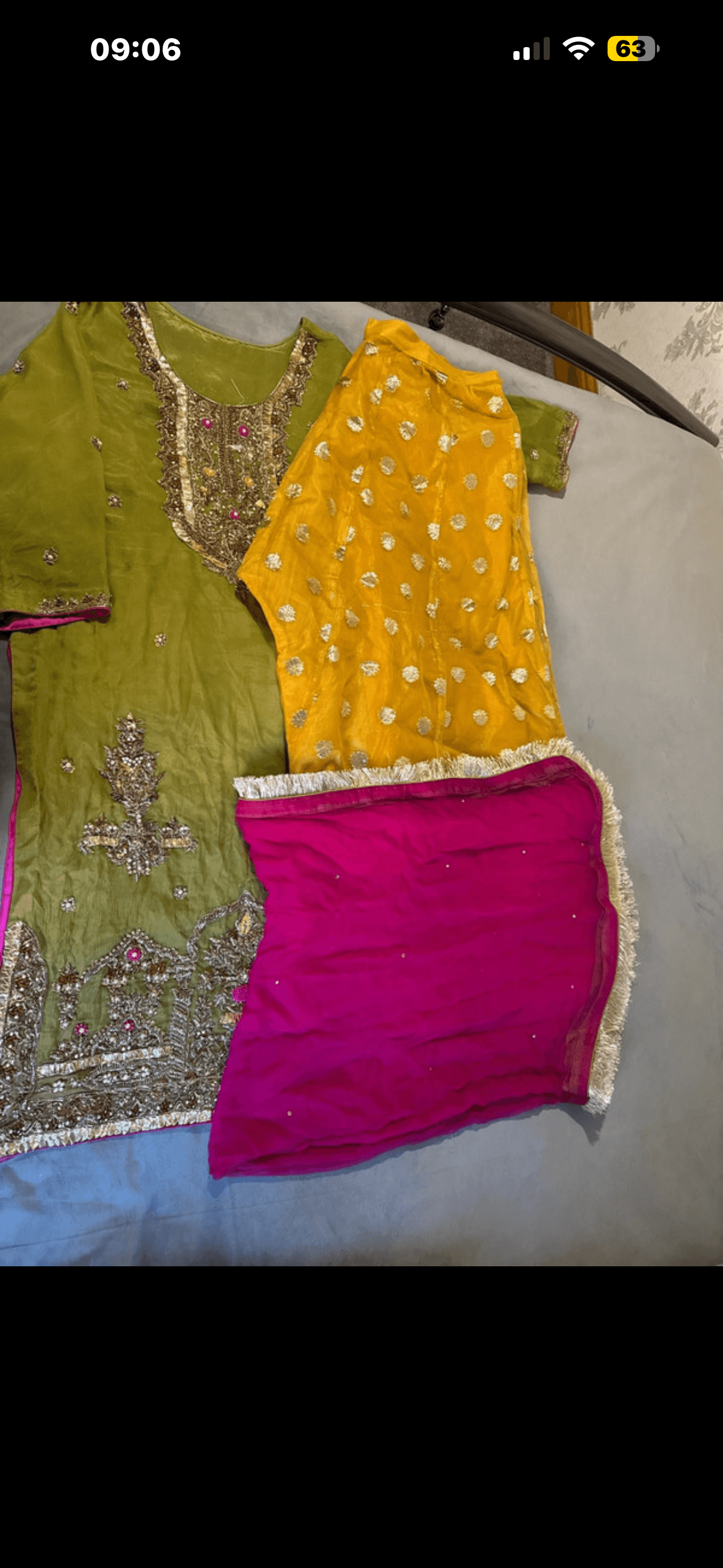 Green shirt with yellow sharara with pink scarf only wore once