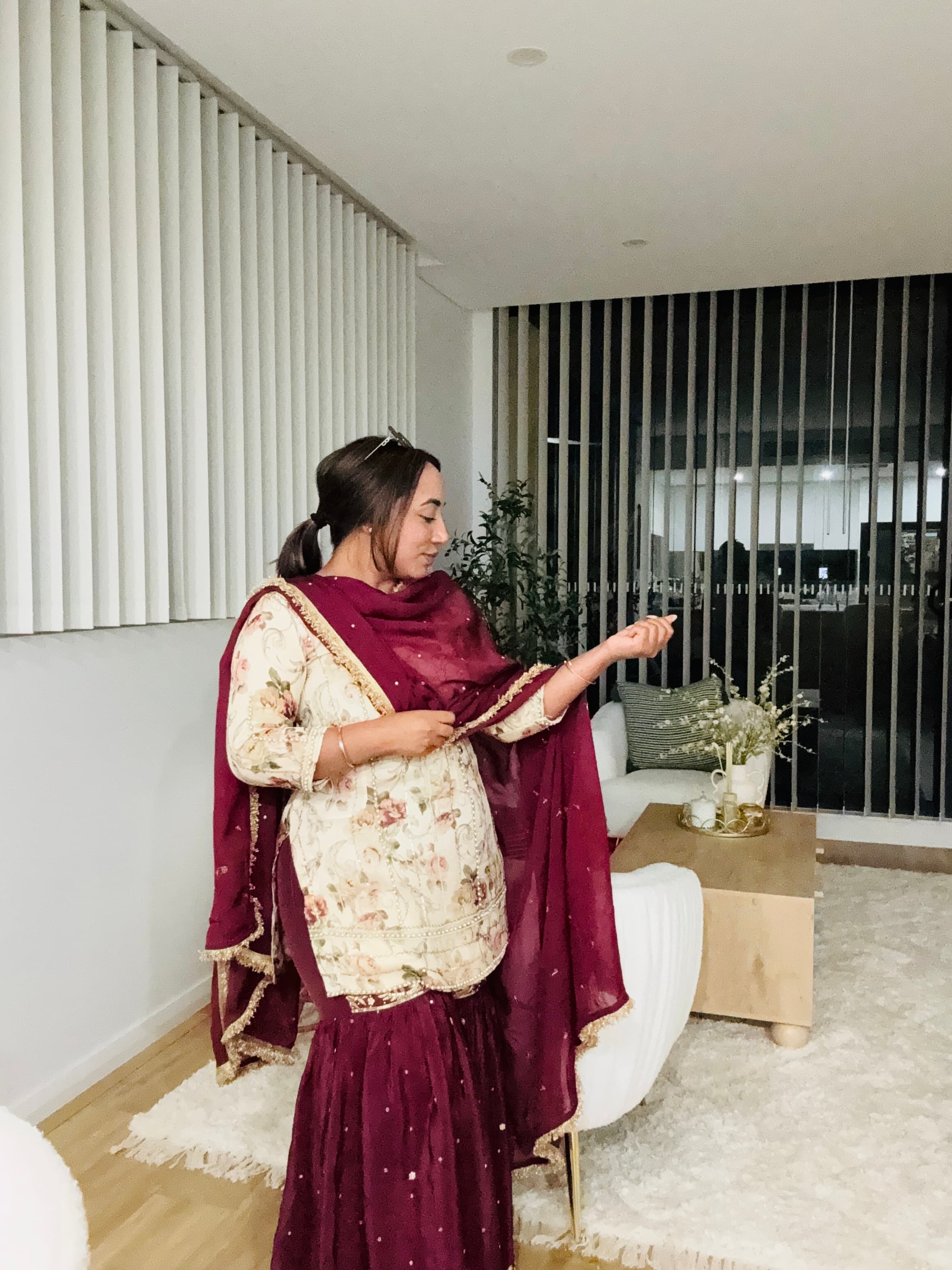 Elegant Floral Print Sharara Suit with Maroon Dupatta