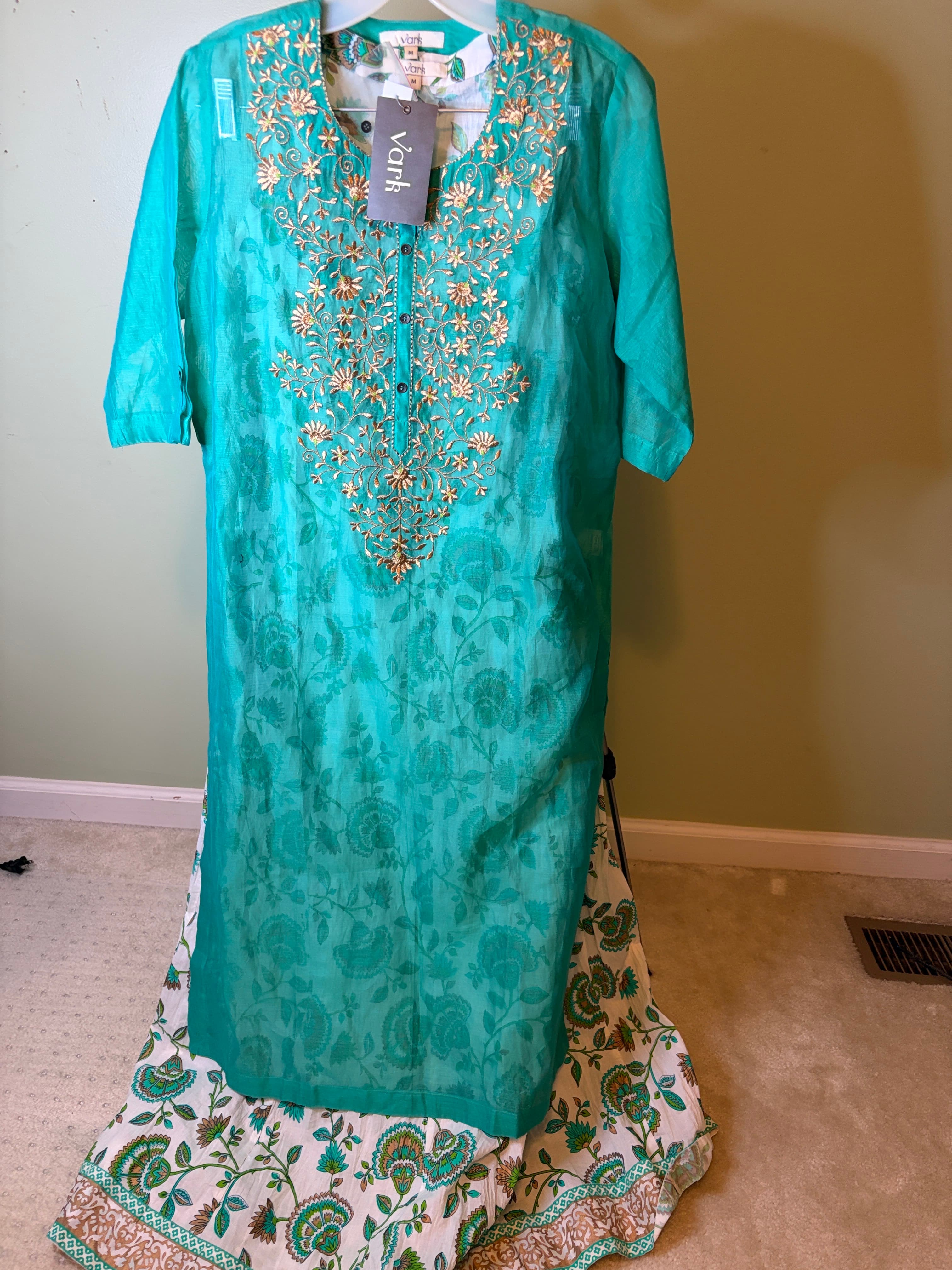 Teal Green Embroidered Kurta with White Floral Skirt Set