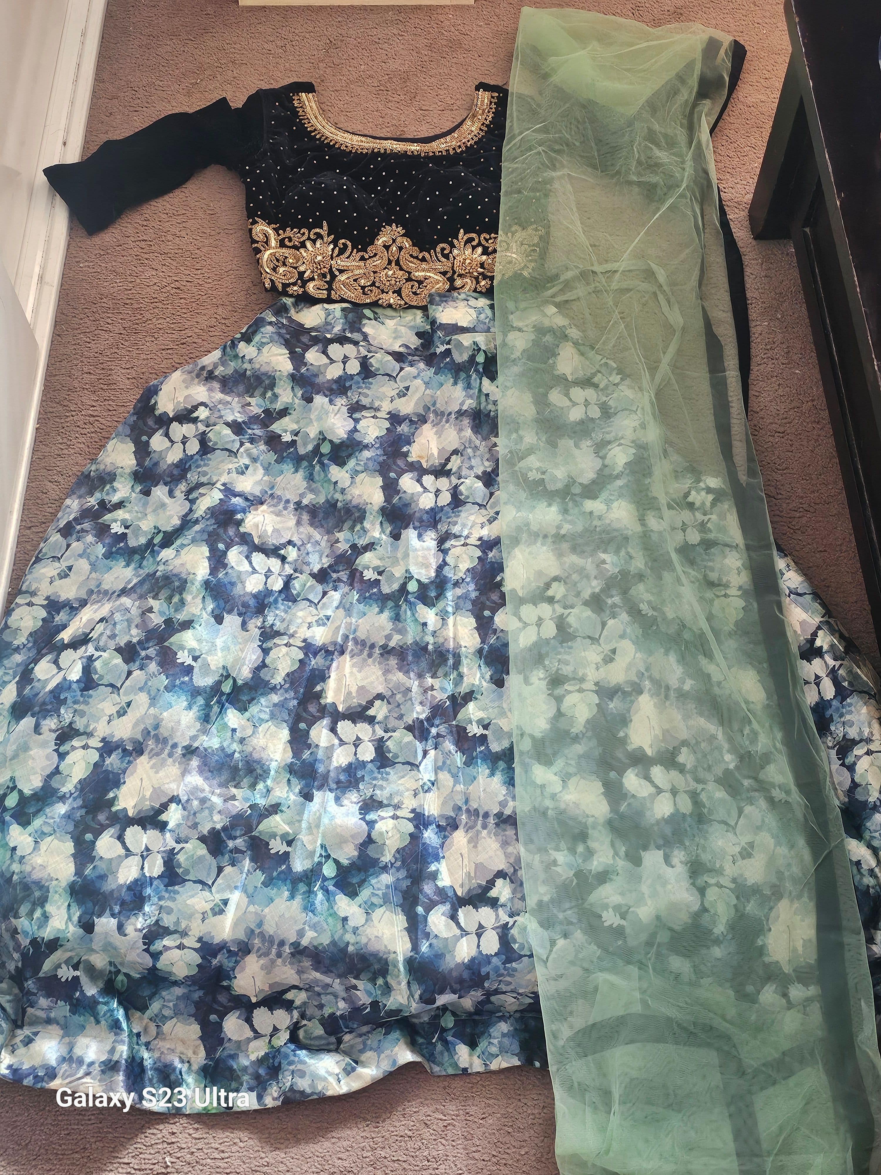 Blue & Sea Green Floral Lehenga with Velvet Embroidered Blouse & Dupatta