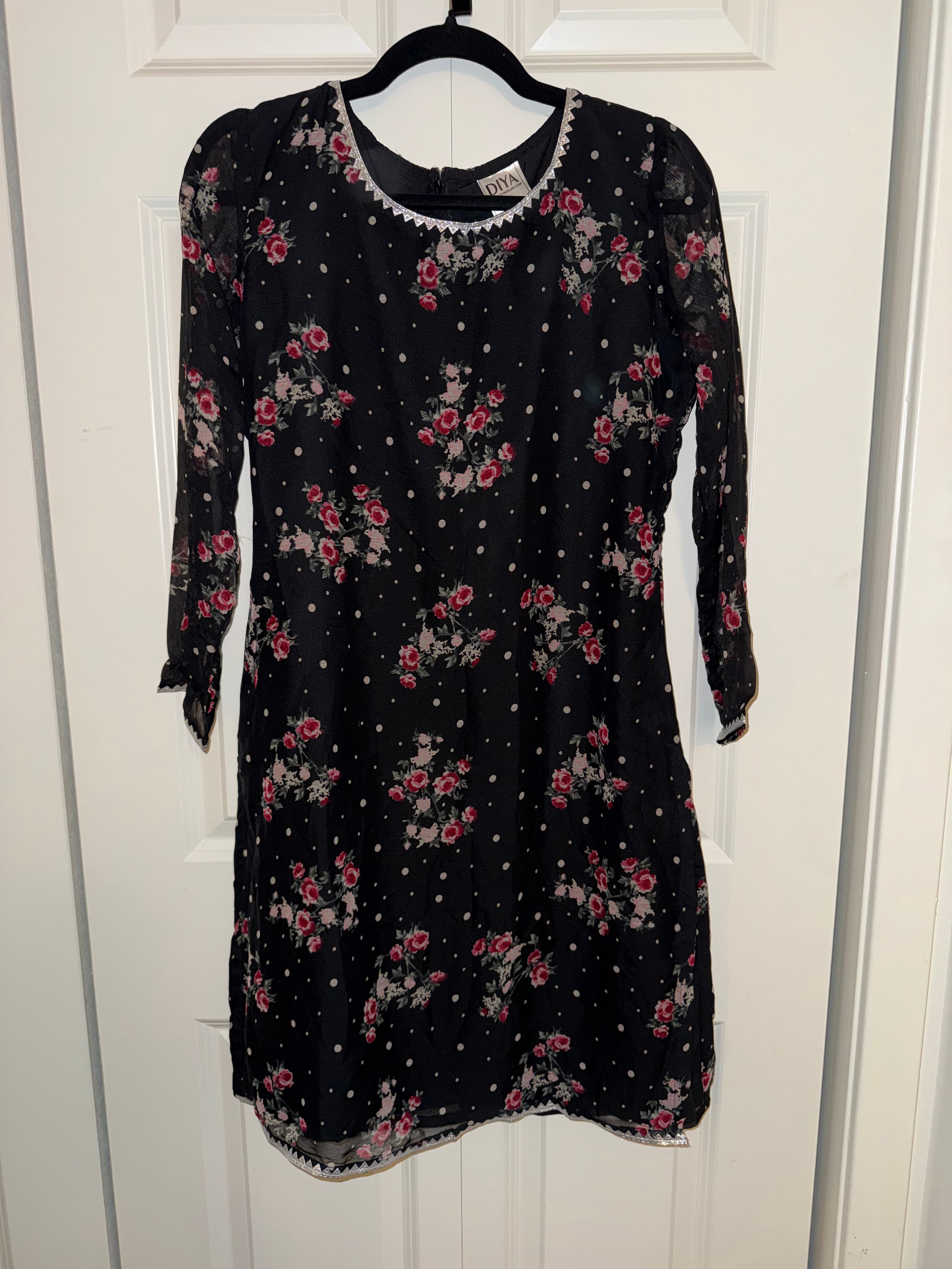 Diya Black Floral & Polka Dot Chiffon Suit with Dupatta