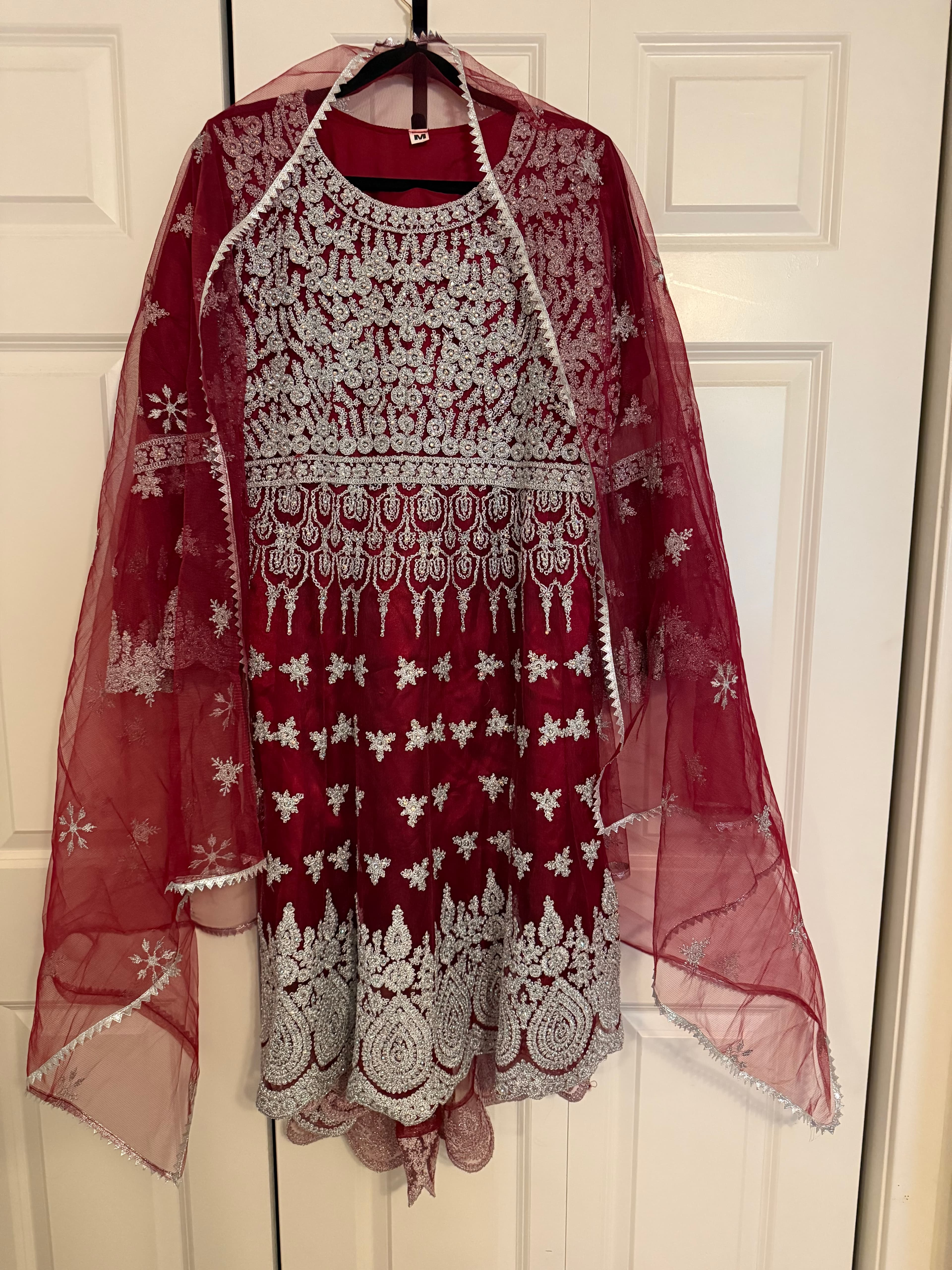 Elegant Maroon Anarkali Suit with Silver Embroidery and Net Dupatta