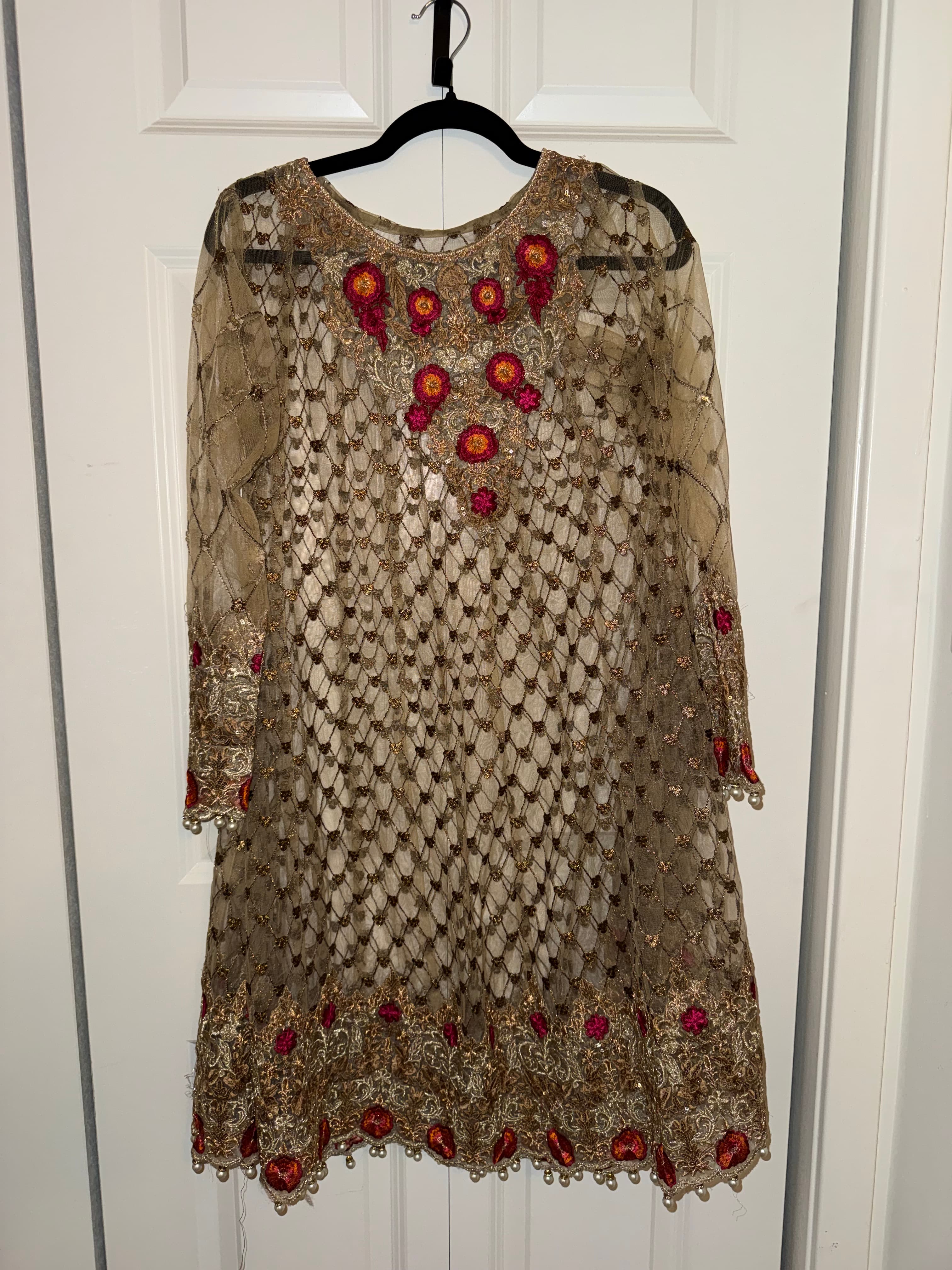 Elegant Gold Net Kurta with Red & Pink Floral Embroidery - Pre-loved
