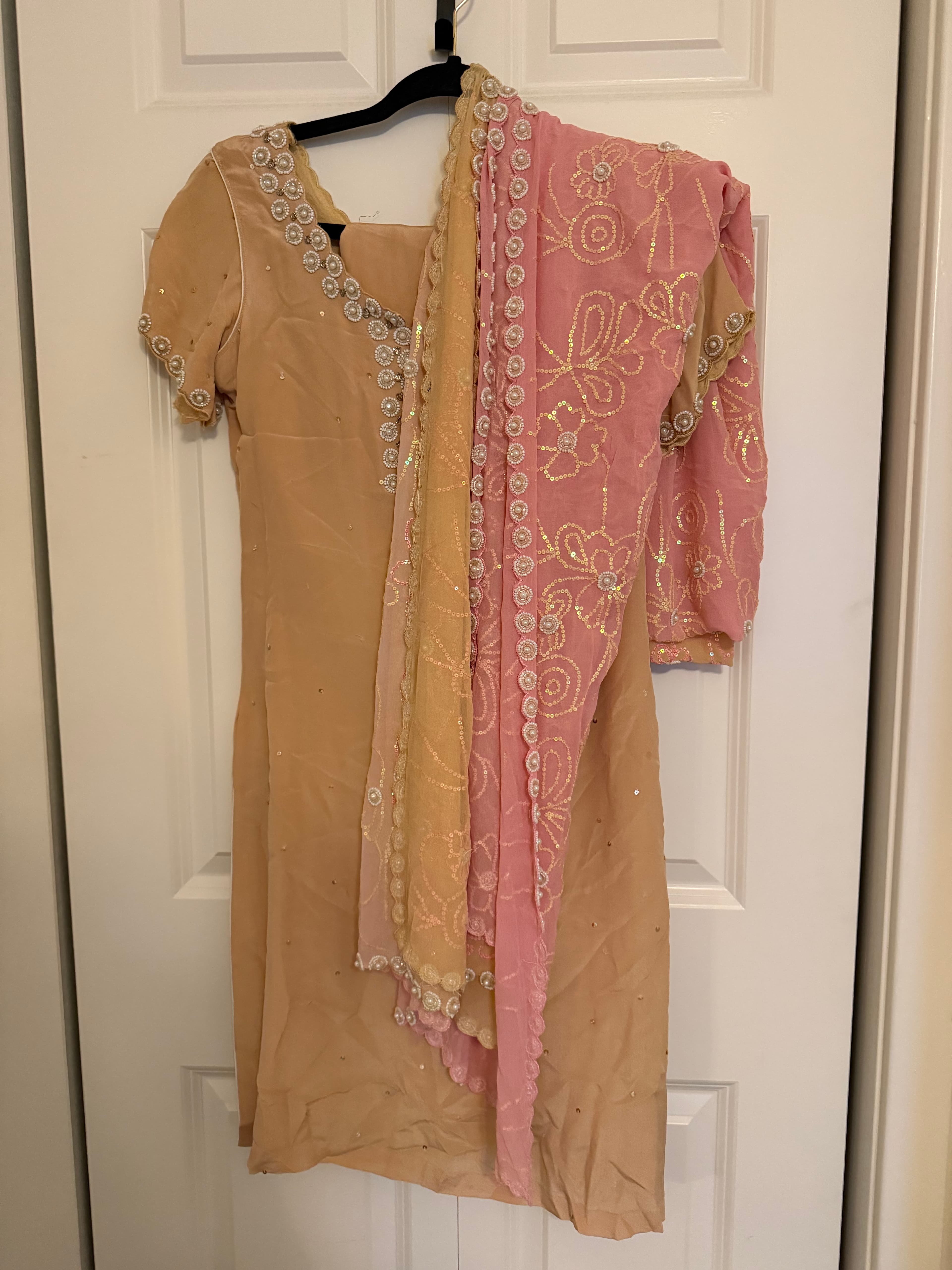 Elegant Peach Patiala Suit with Pearl and Sequin Embellishments & Pink Dupatta