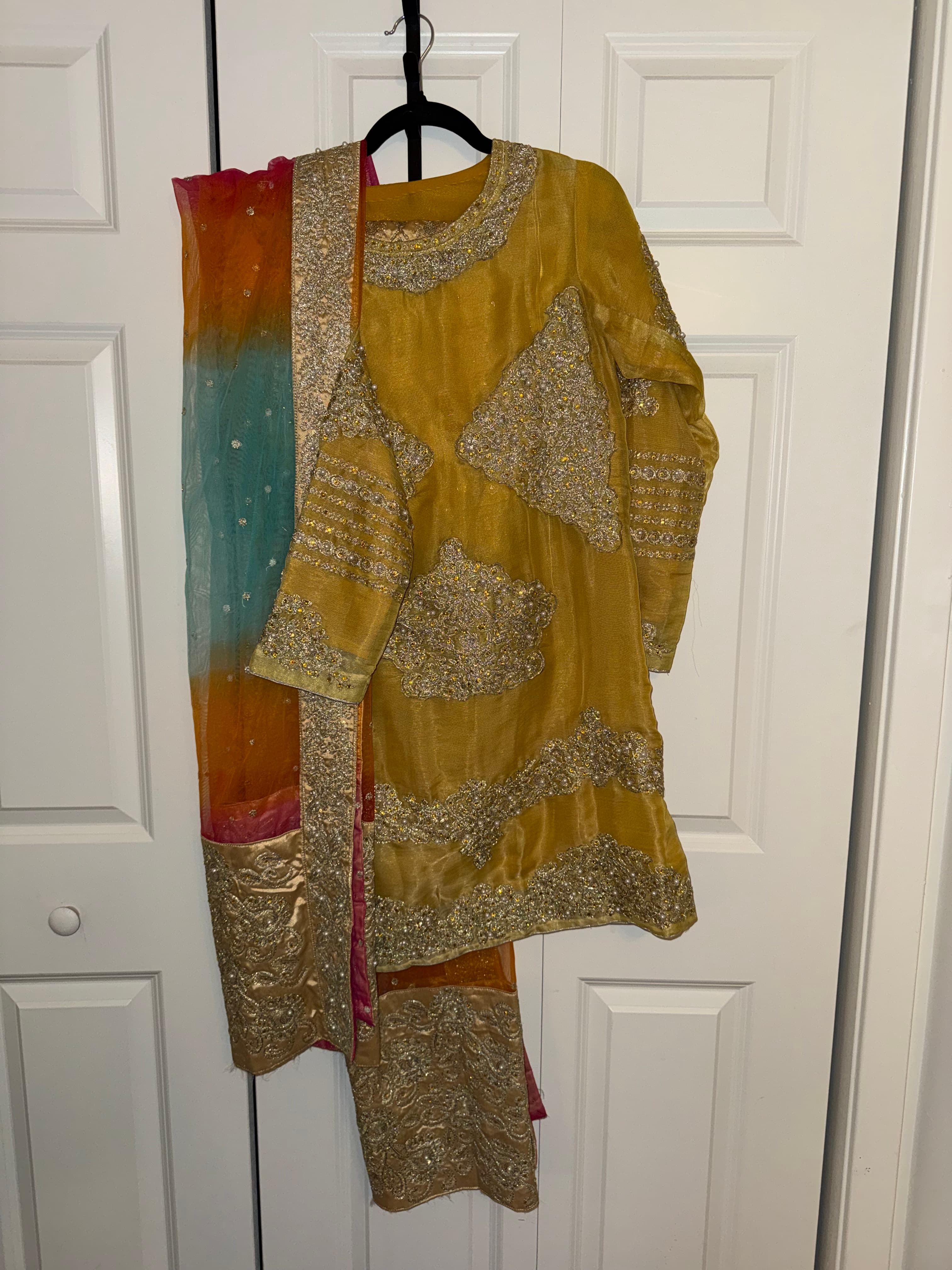 Elegant Gold Embroidered Suit with Multi-Color Dupatta