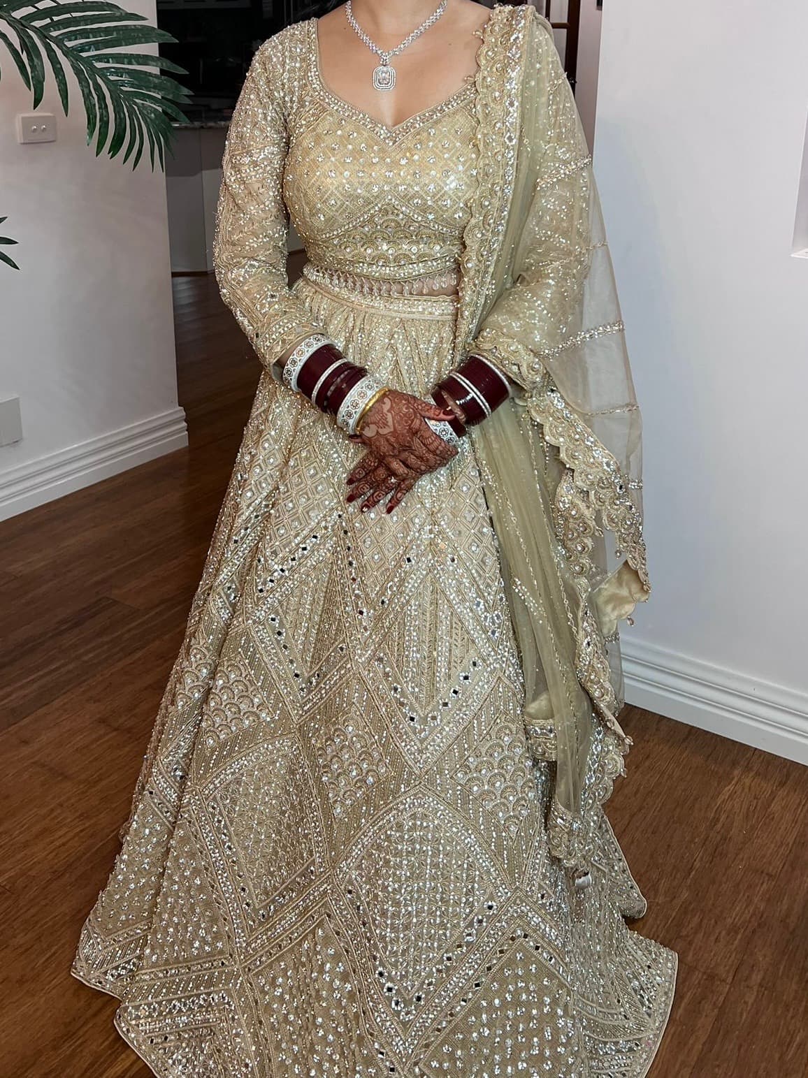 Stunning Gold Sequin & Mirror Work Bridal Lehenga Set