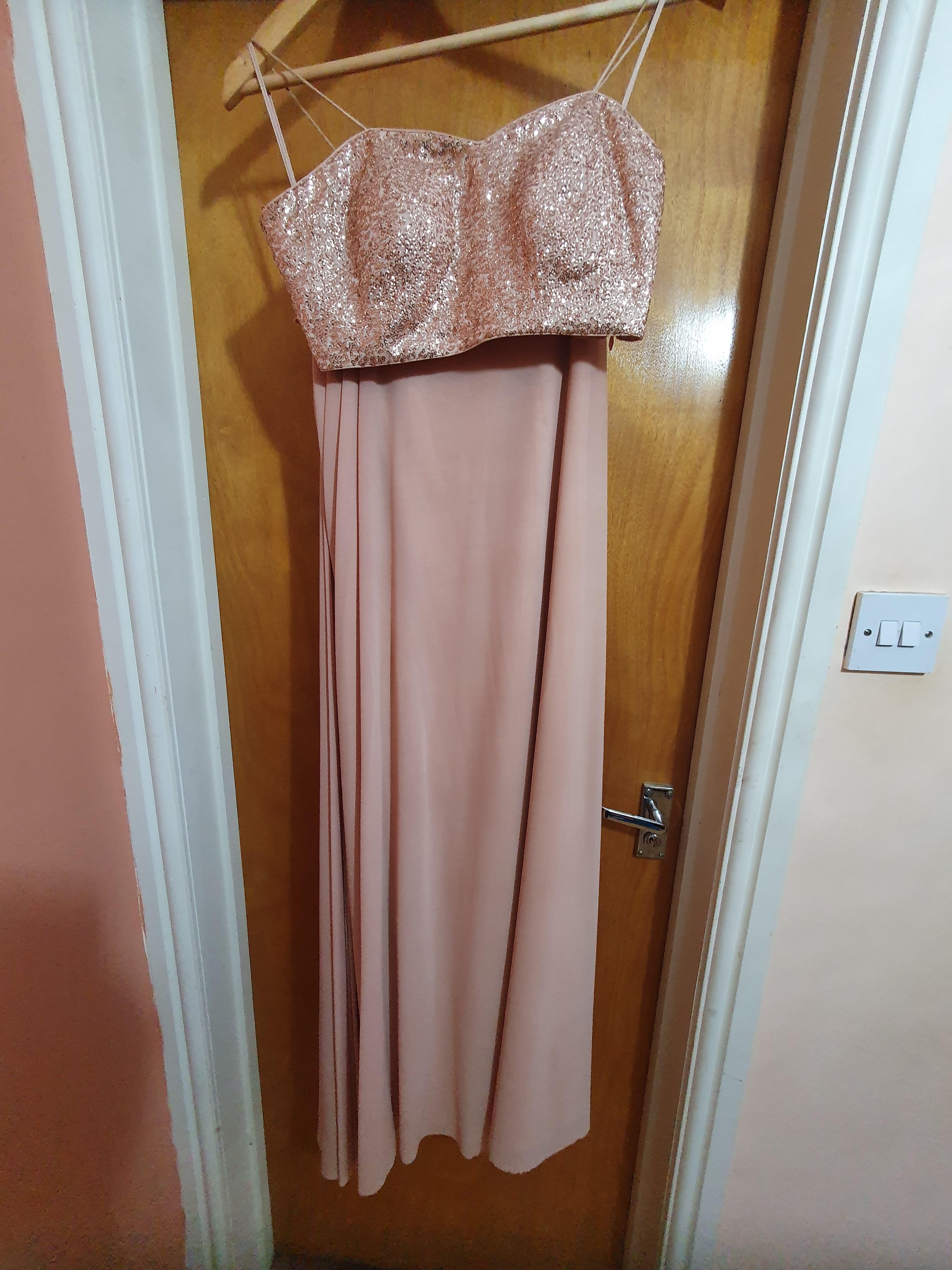 Elegant Rose Gold Sequin Crop Top with Peach Maxi Skirt Set