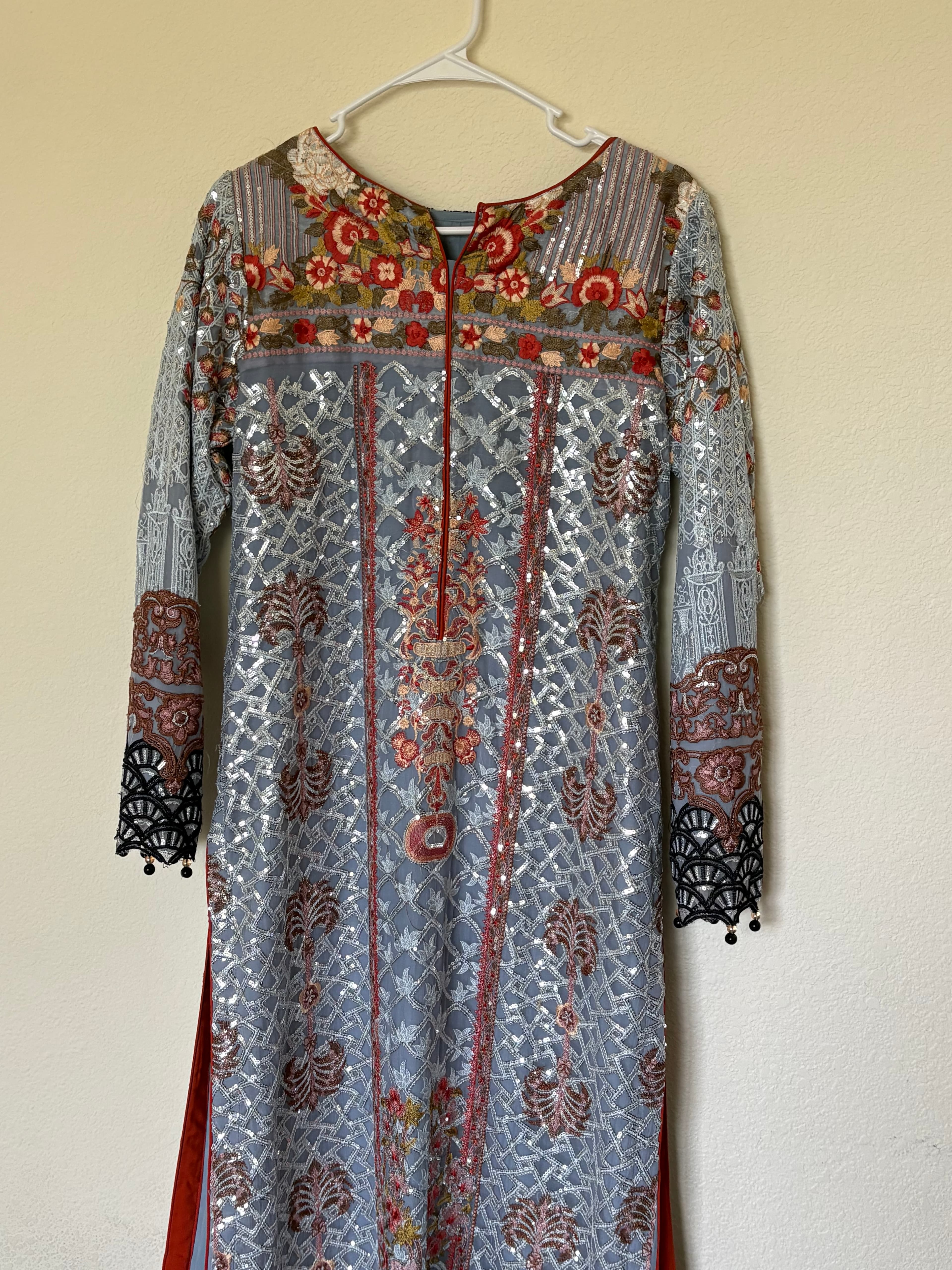 Elegant Grey & Red Embroidered Sequin Suit with Dupatta
