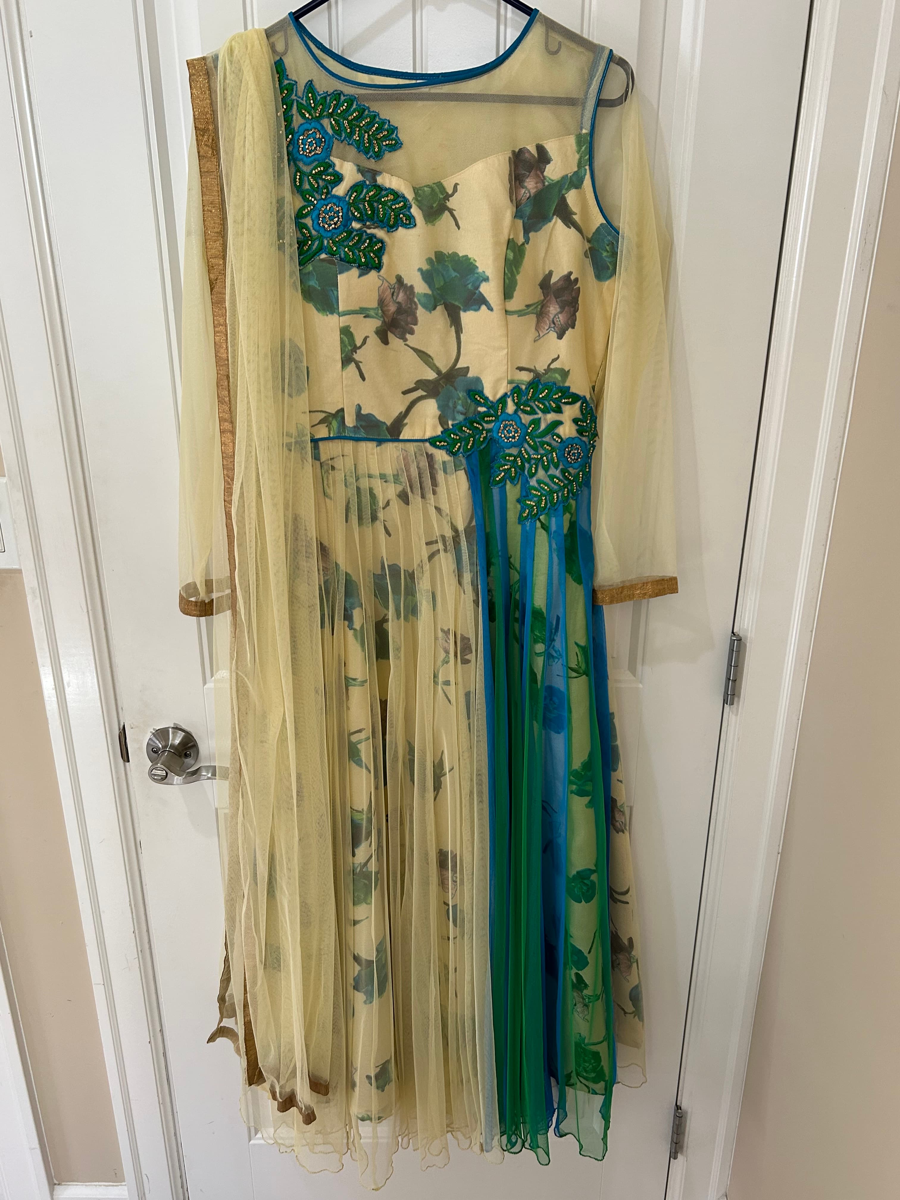 Floral Print Gown with Teal Embellishments and Net Overlay