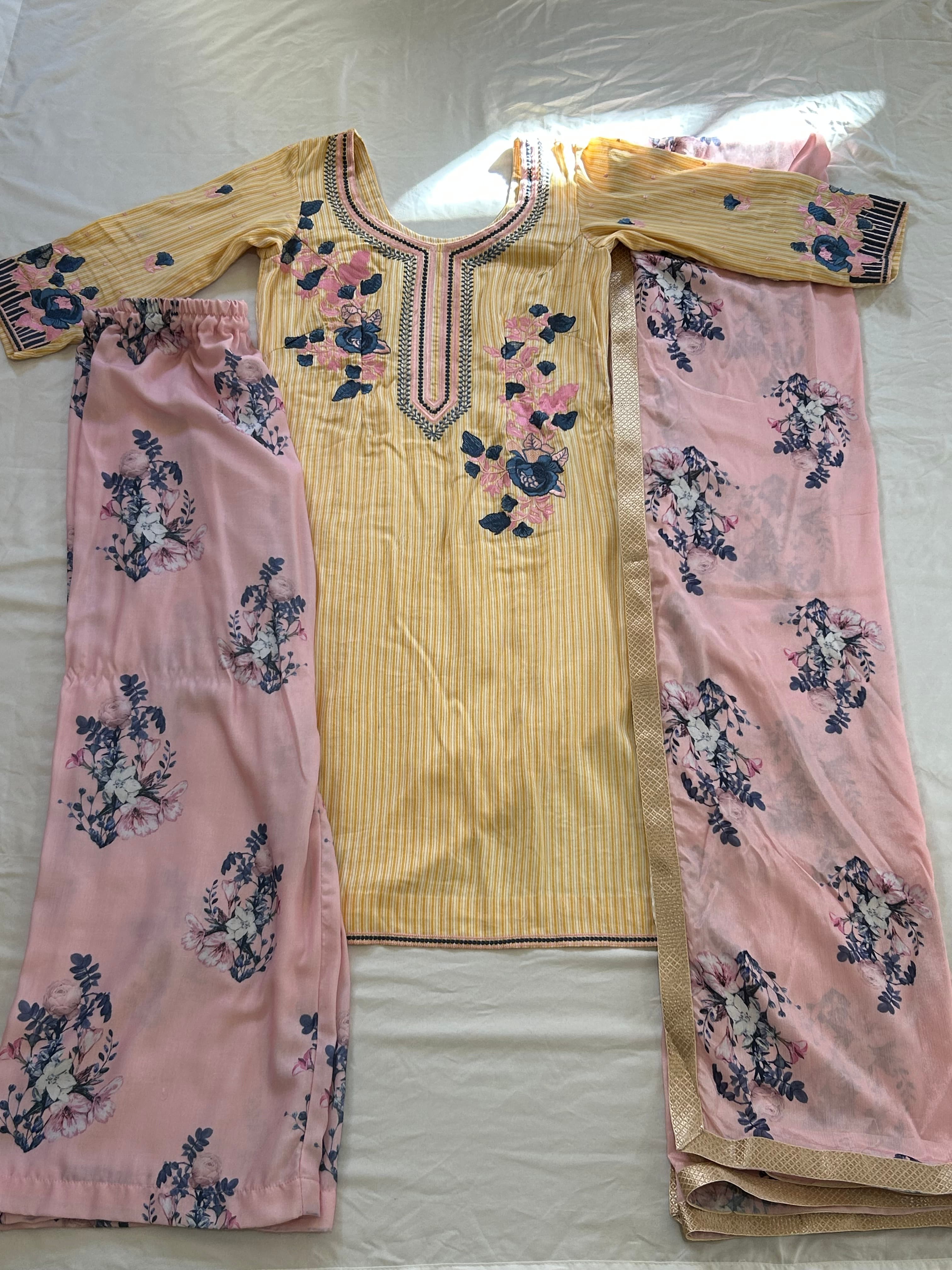 Embroidered Yellow Striped Suit with Pink Floral Palazzo and Dupatta