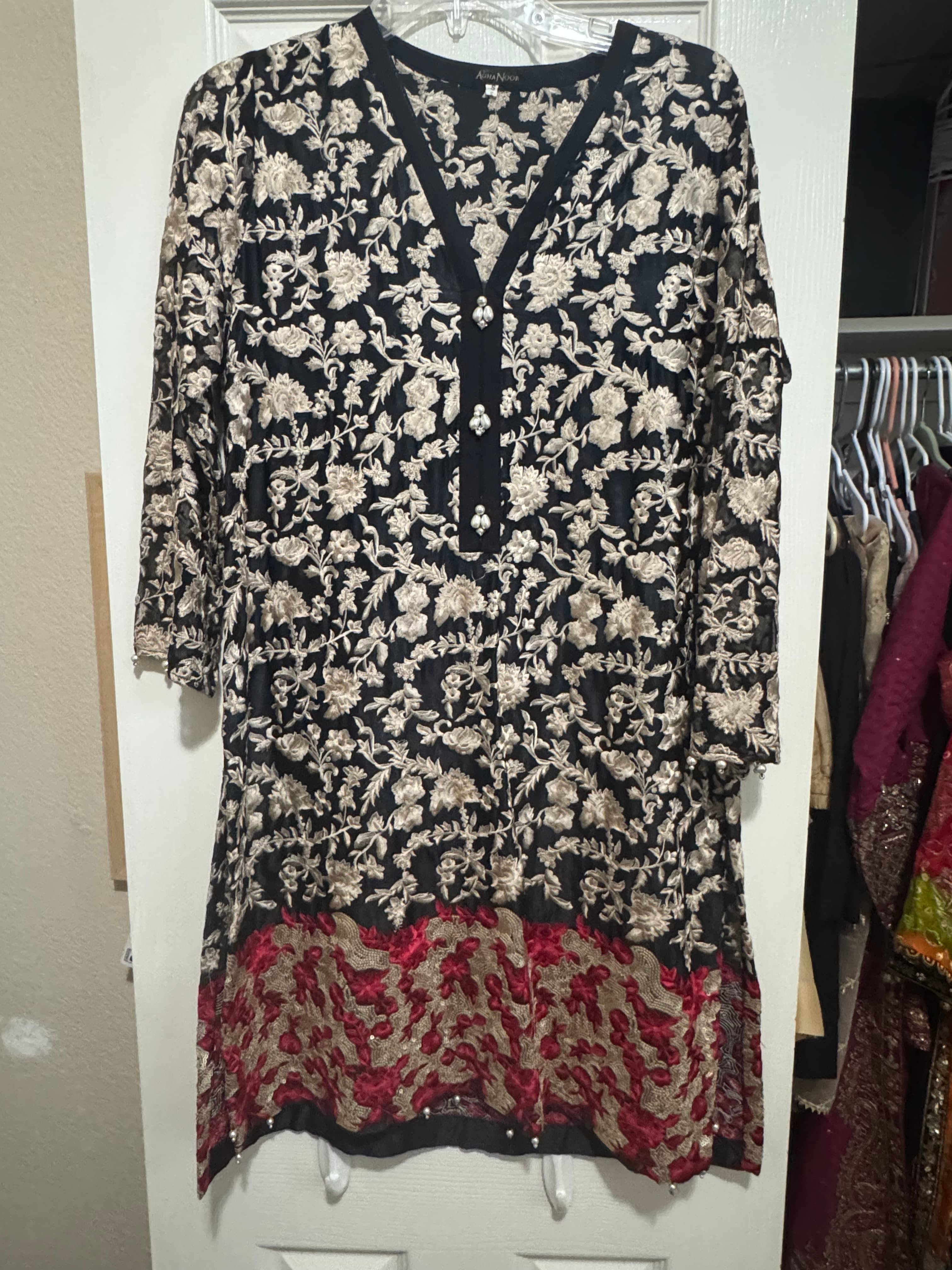 Agha Noor Black & Gold Embroidered Kurta with Red Sequin Border - Size S