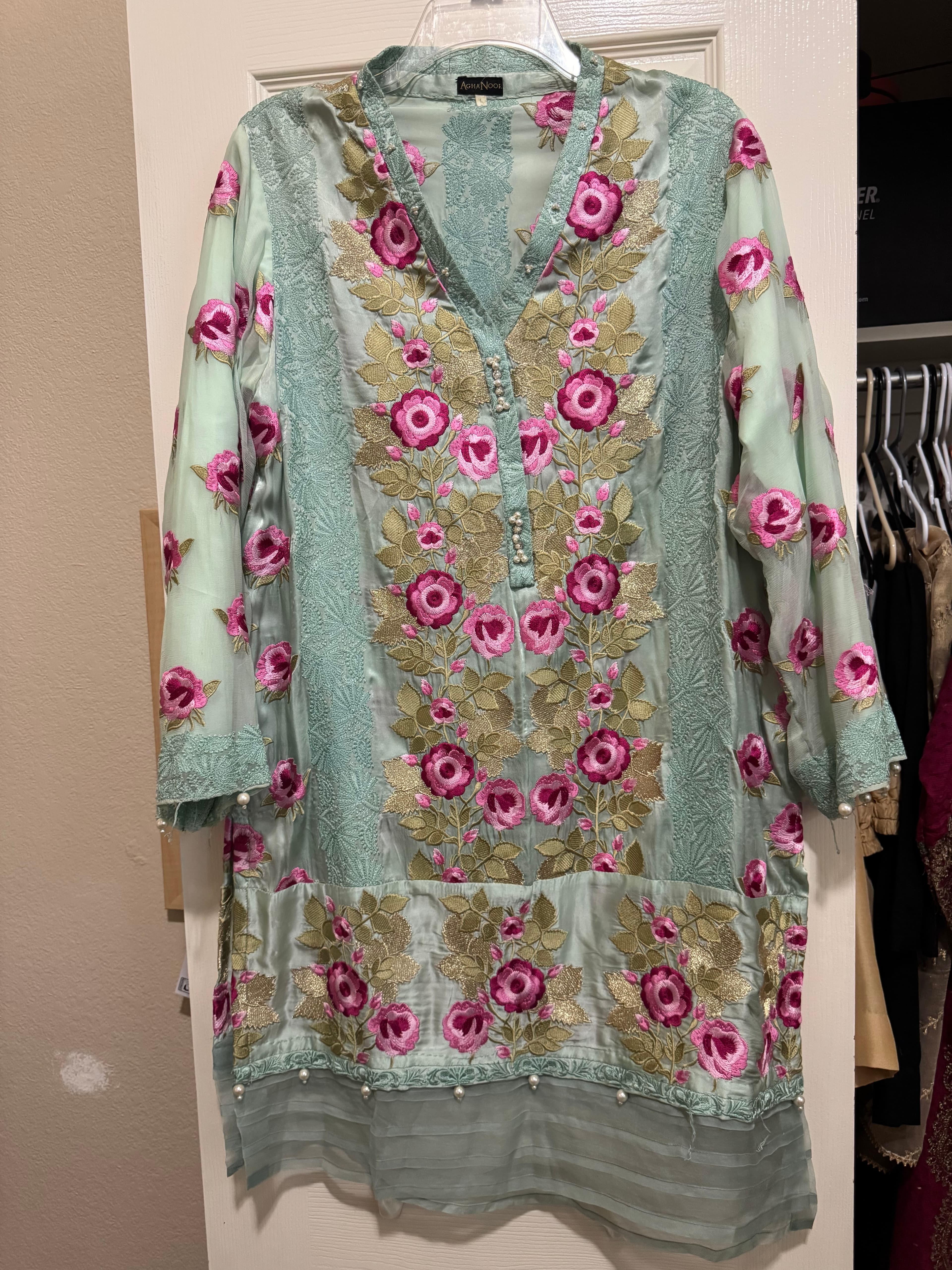 Agha Noor Mint Green Embroidered Kurta, size-L