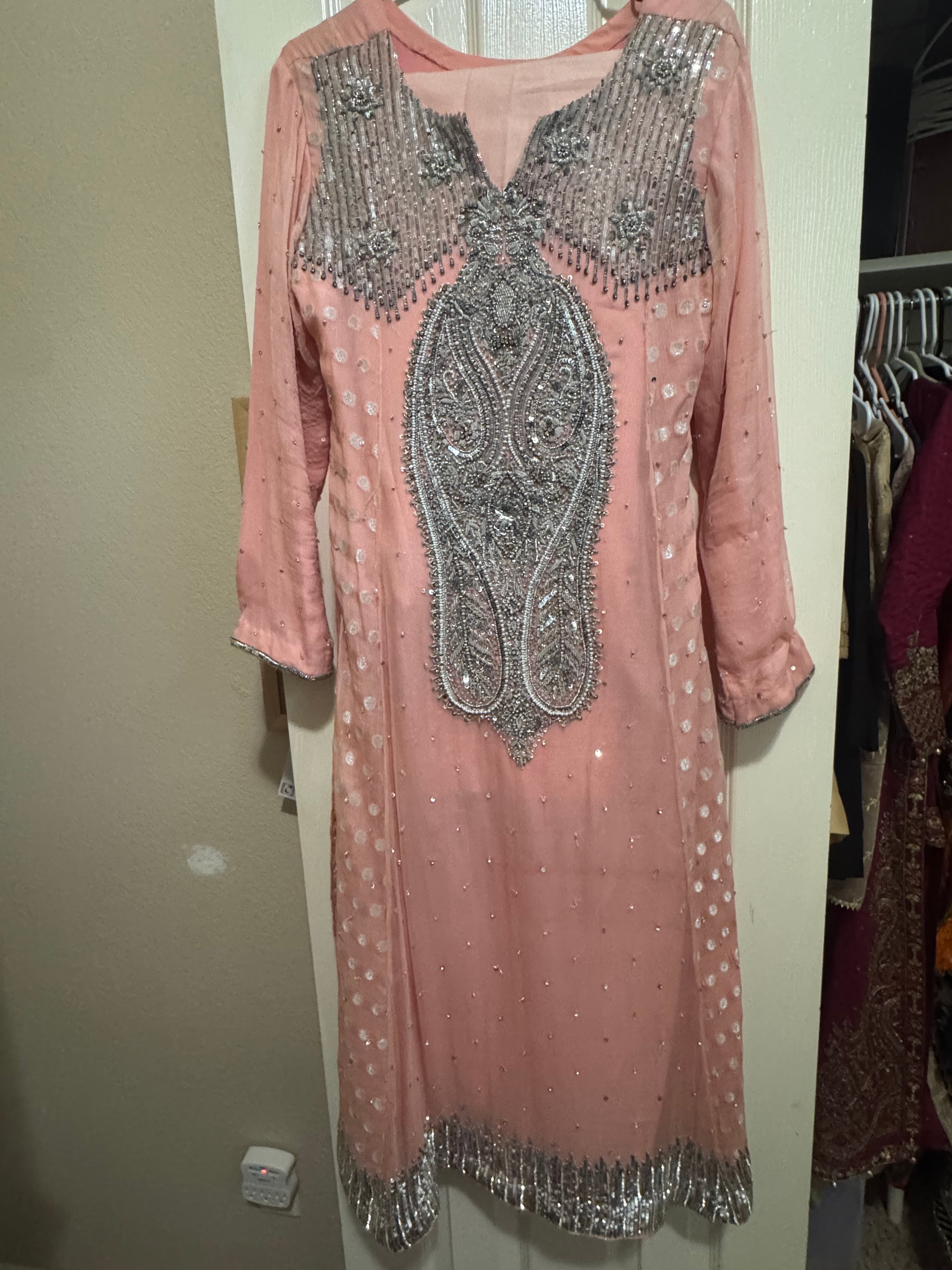 Elegant Pink/Peach Salwar Kameez with Heavy Silver Sequin and Zardozi Work