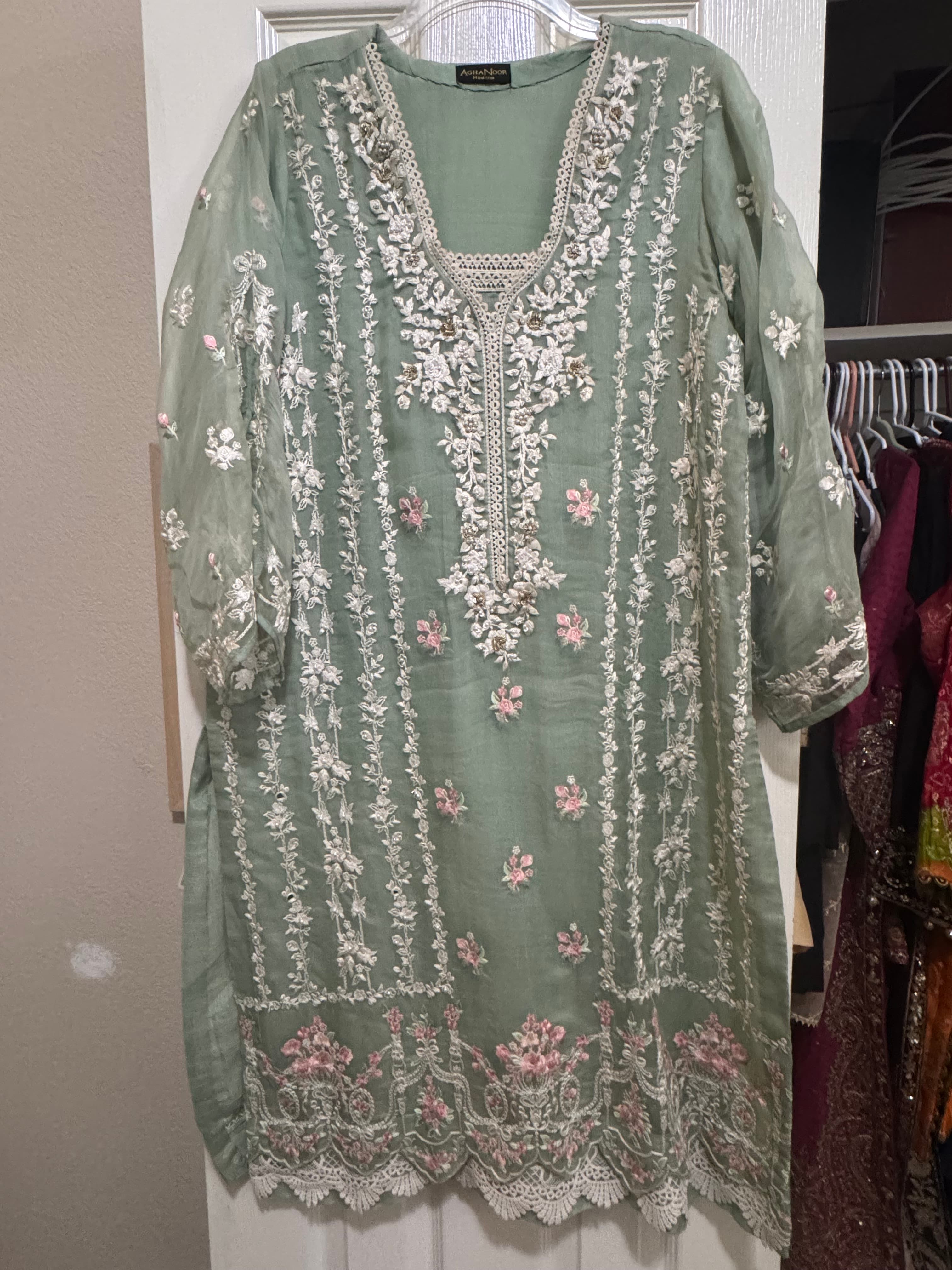Agha Noor Sage Green Embroidered Kurta and Pants. Size- Medium