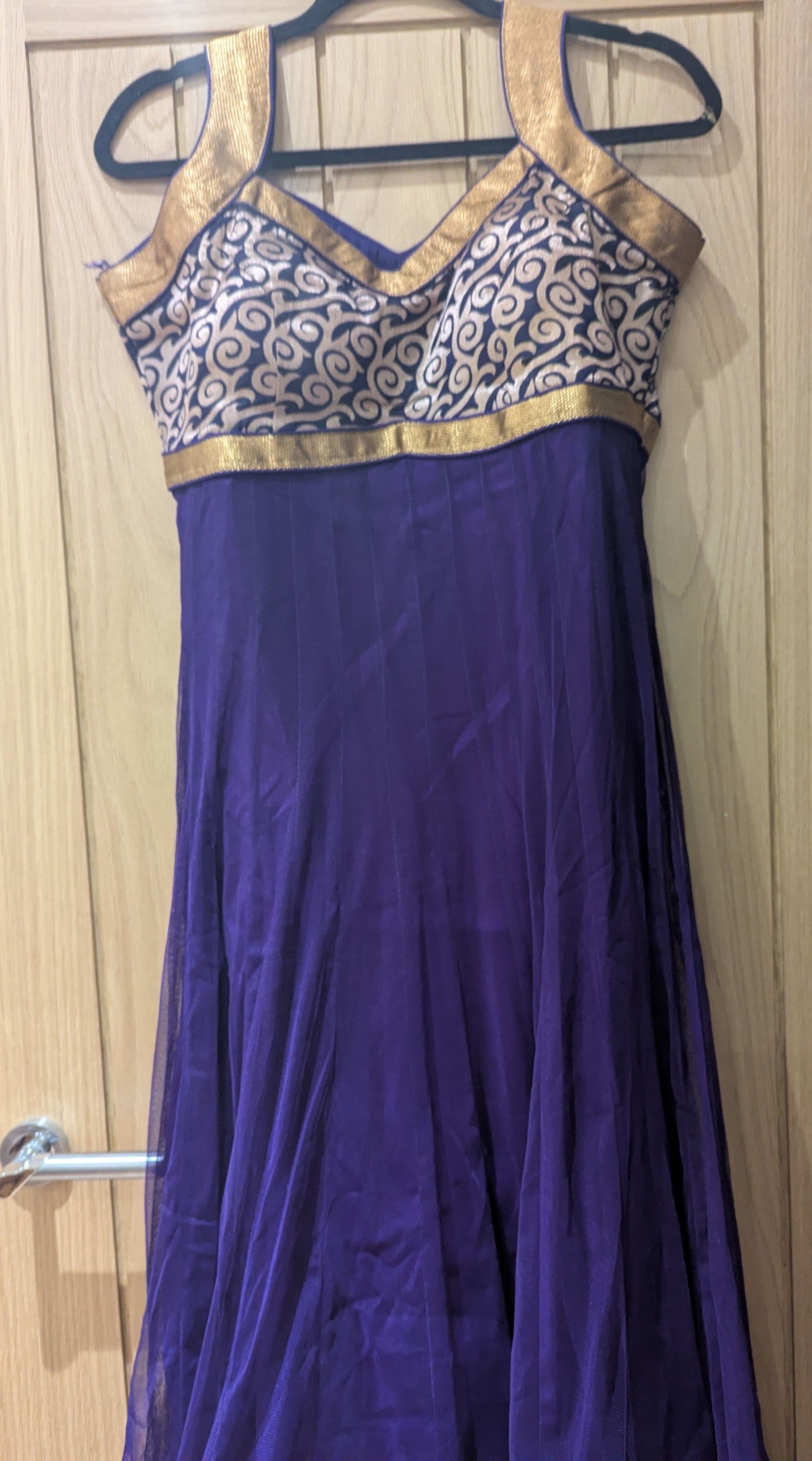 Elegant Purple Anarkali Suit with Gold Swirl Bodice and Border