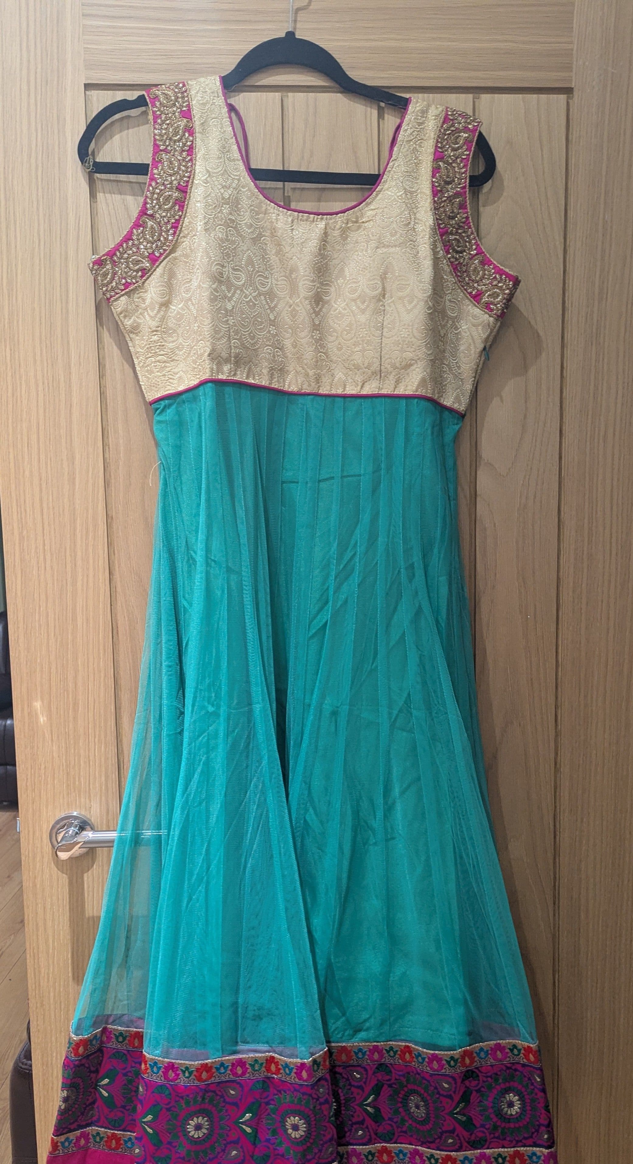 Elegant Teal & Gold Anarkali Suit with Pink Embroidery