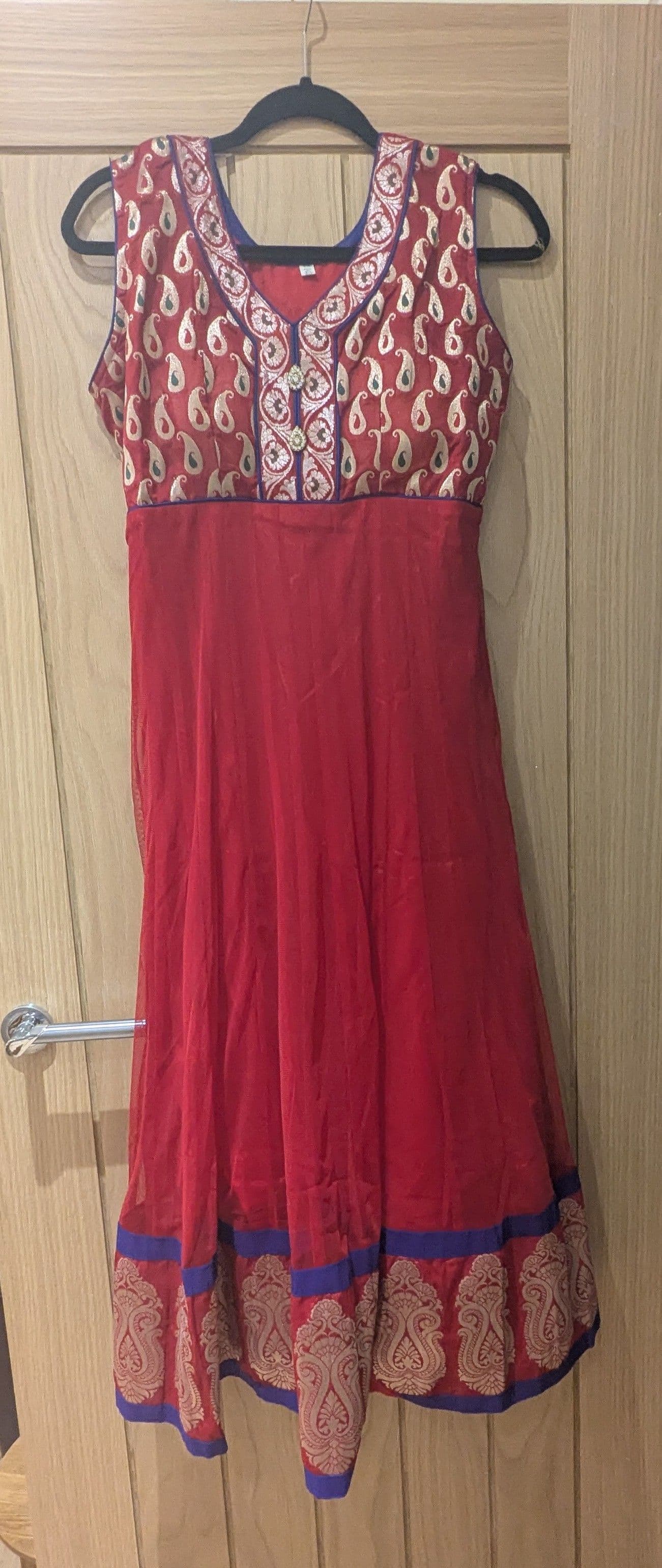 Elegant Red Anarkali Suit with Gold Paisley Embroidery and Blue Accents
