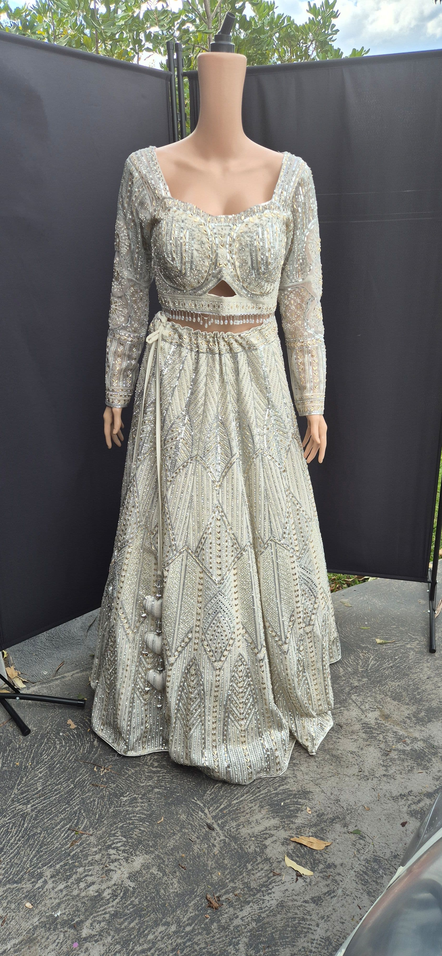 Off white sequin embroidered Bridal or Bridesmaids Lehenga with full sleeves blouse