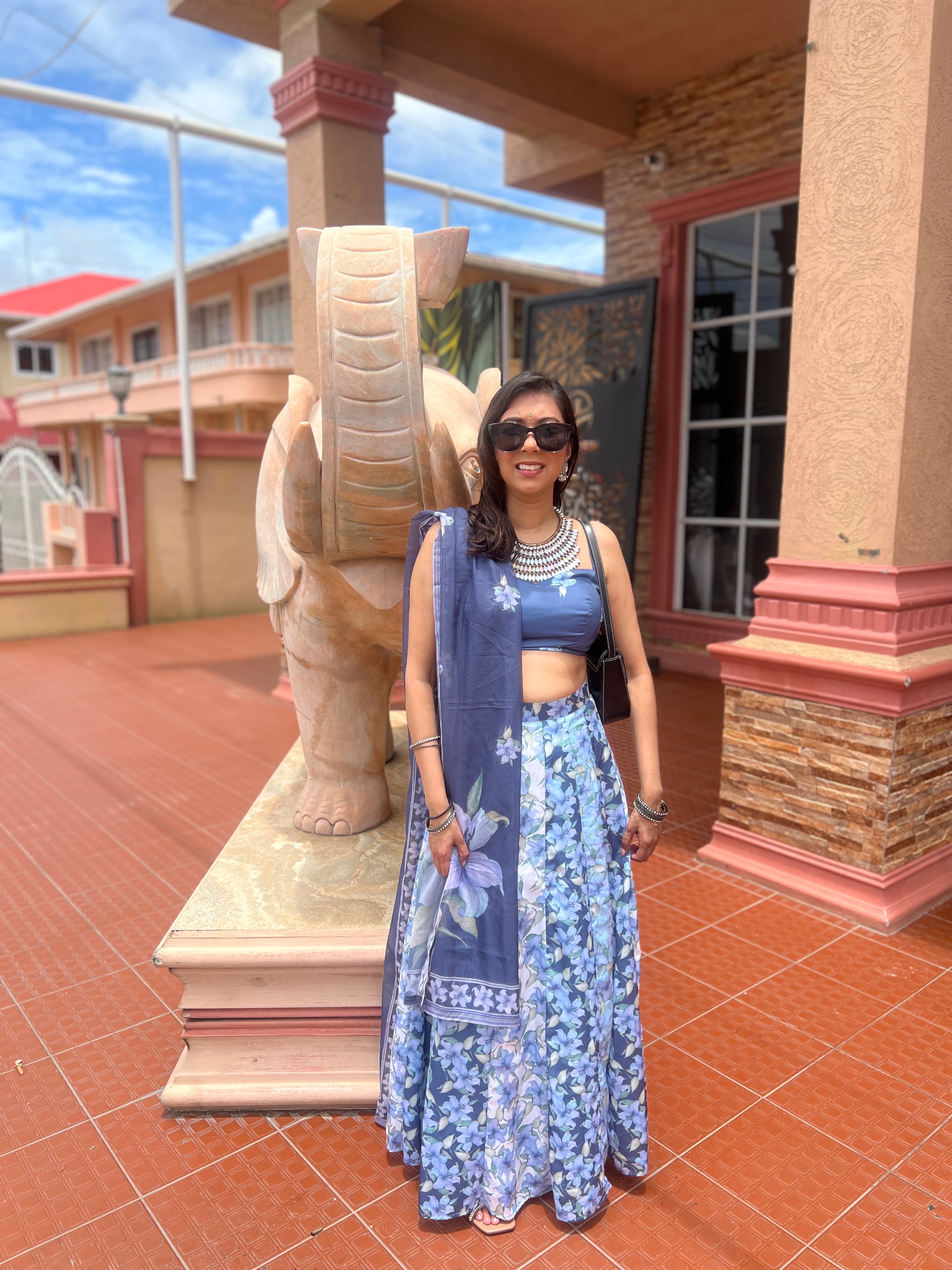 Elegant Blue Floral Printed Lehenga with Matching Blouse and Dupatta
