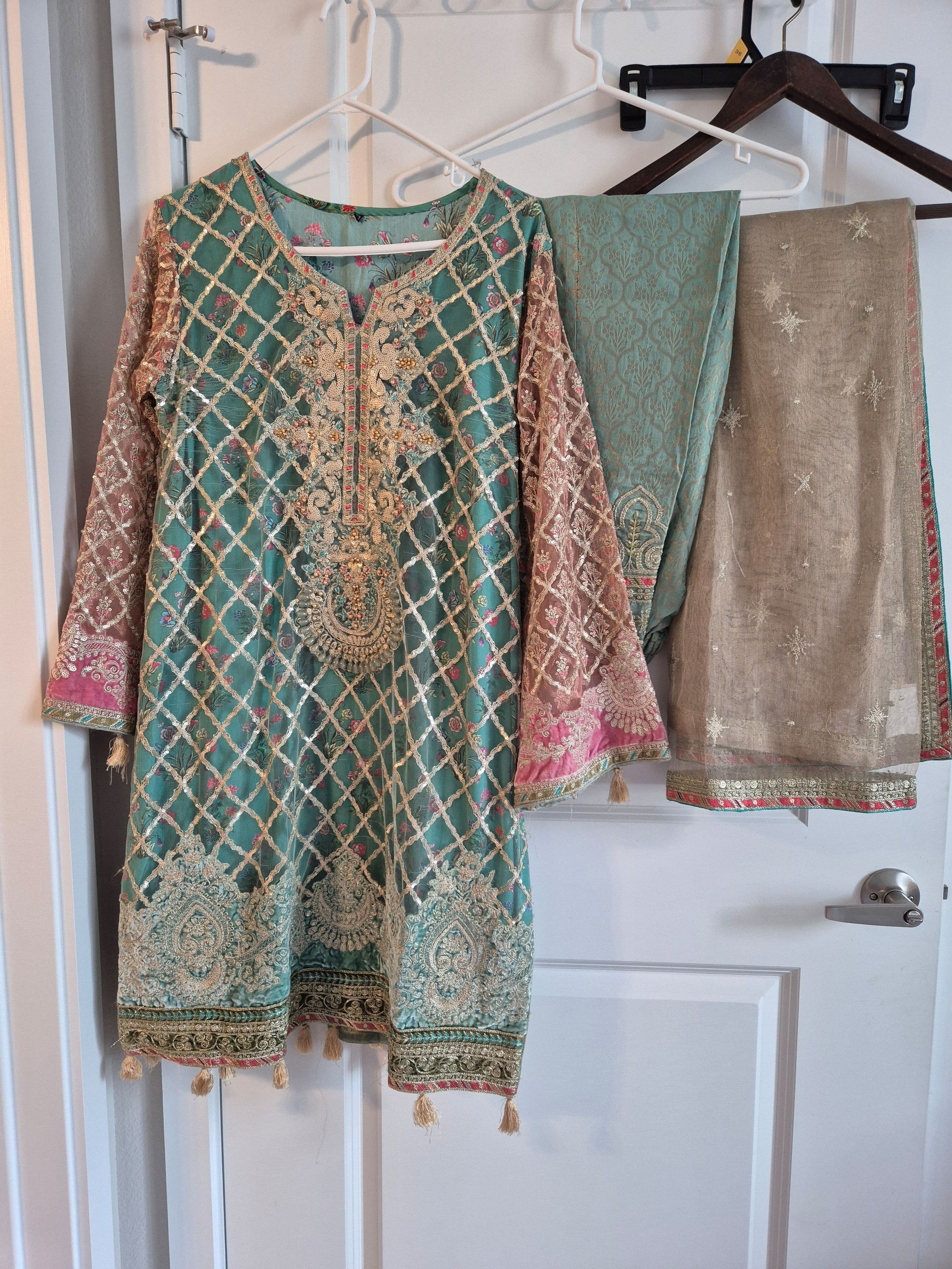 Elegant Teal & Gold Embroidered Pakistani Suit with Pink Accents