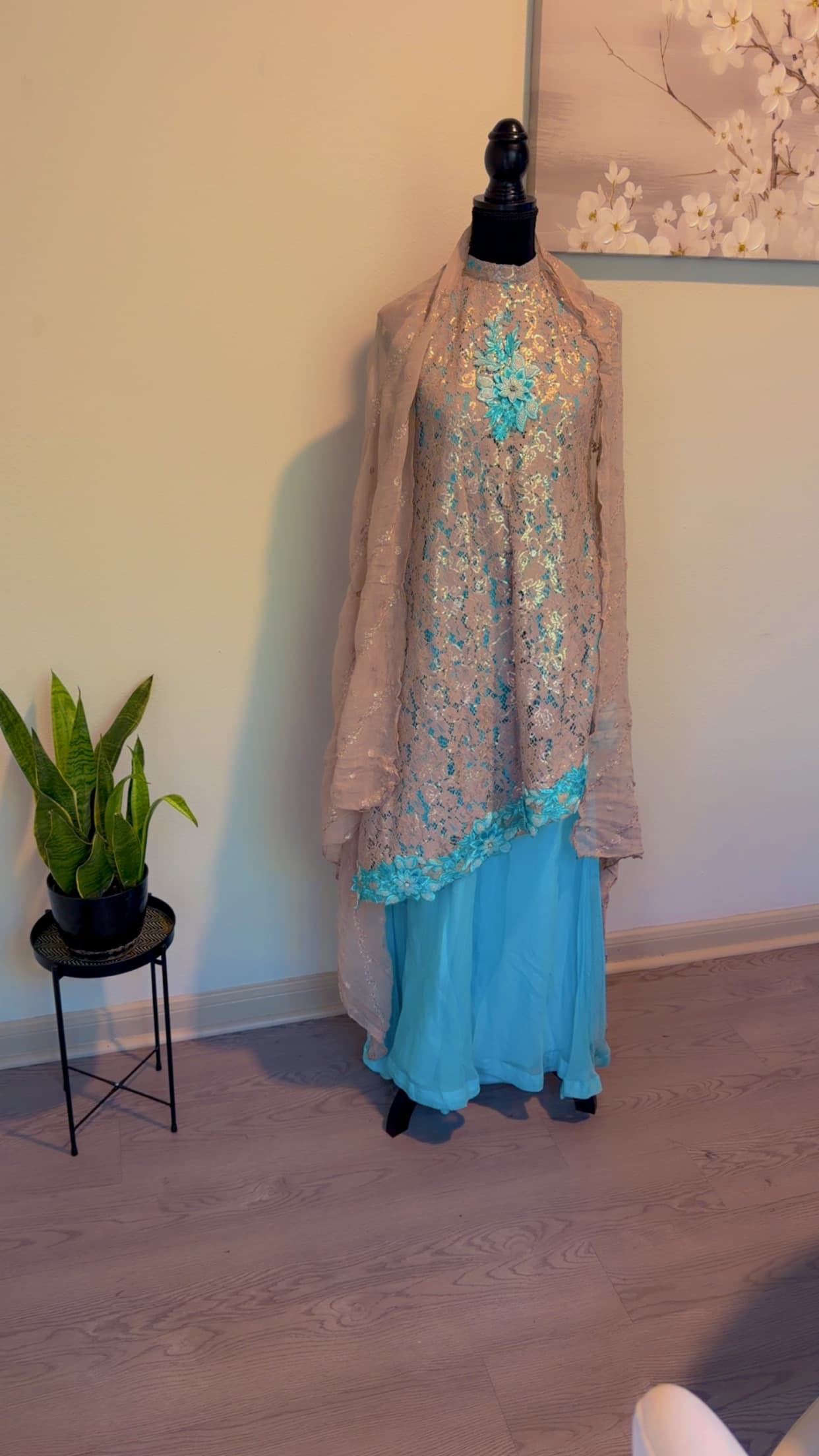 Elegant Beige & Turquoise Outfit with Sequin & Floral Embroidery