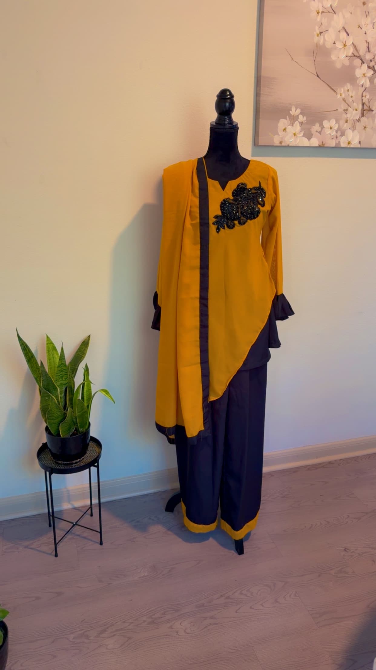 Elegant Mustard & Black Salwar Suit with Sequin & Bead Work