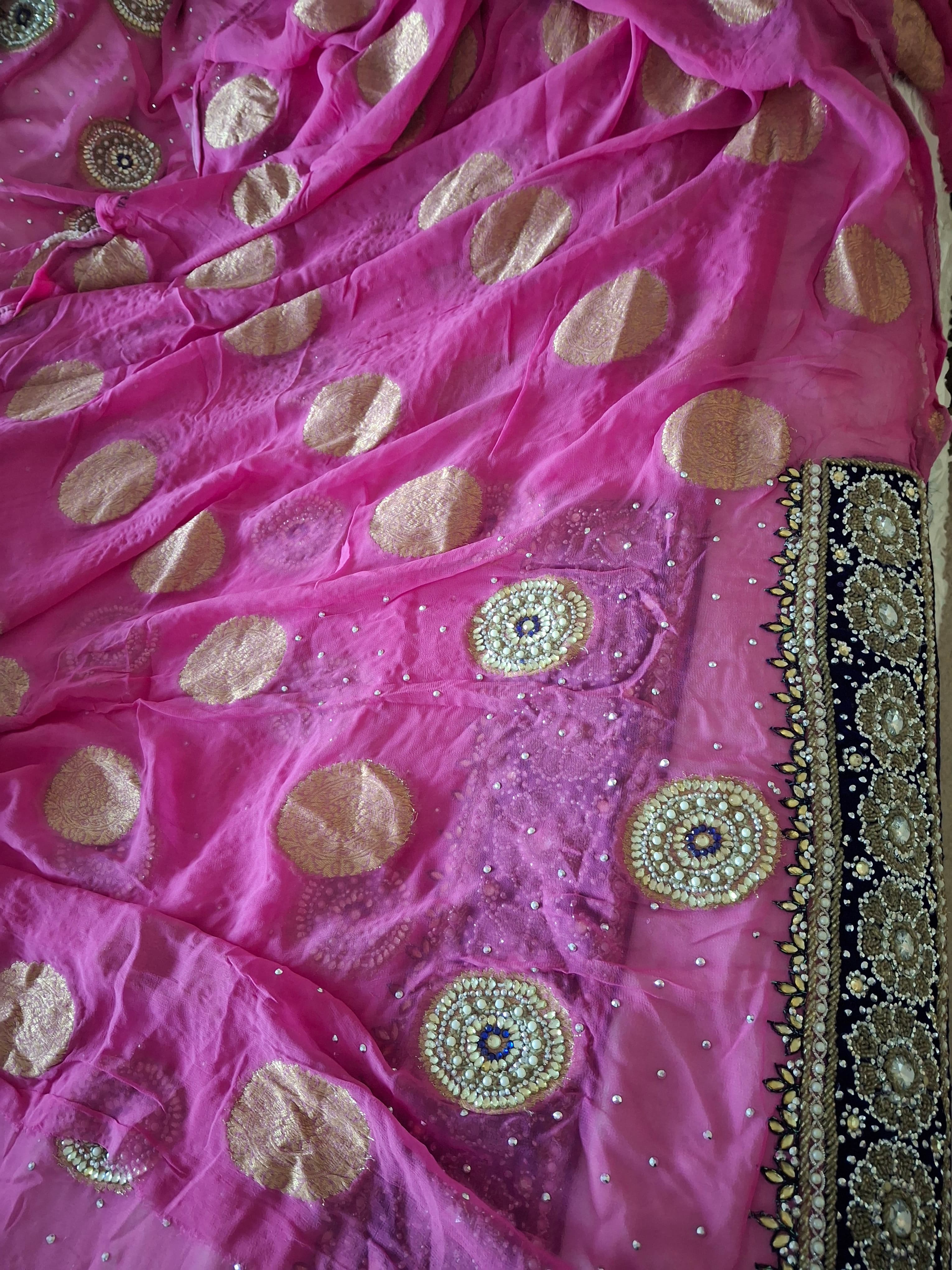 Pink Chiffon Embroidered Saree with Royal Blue Border
