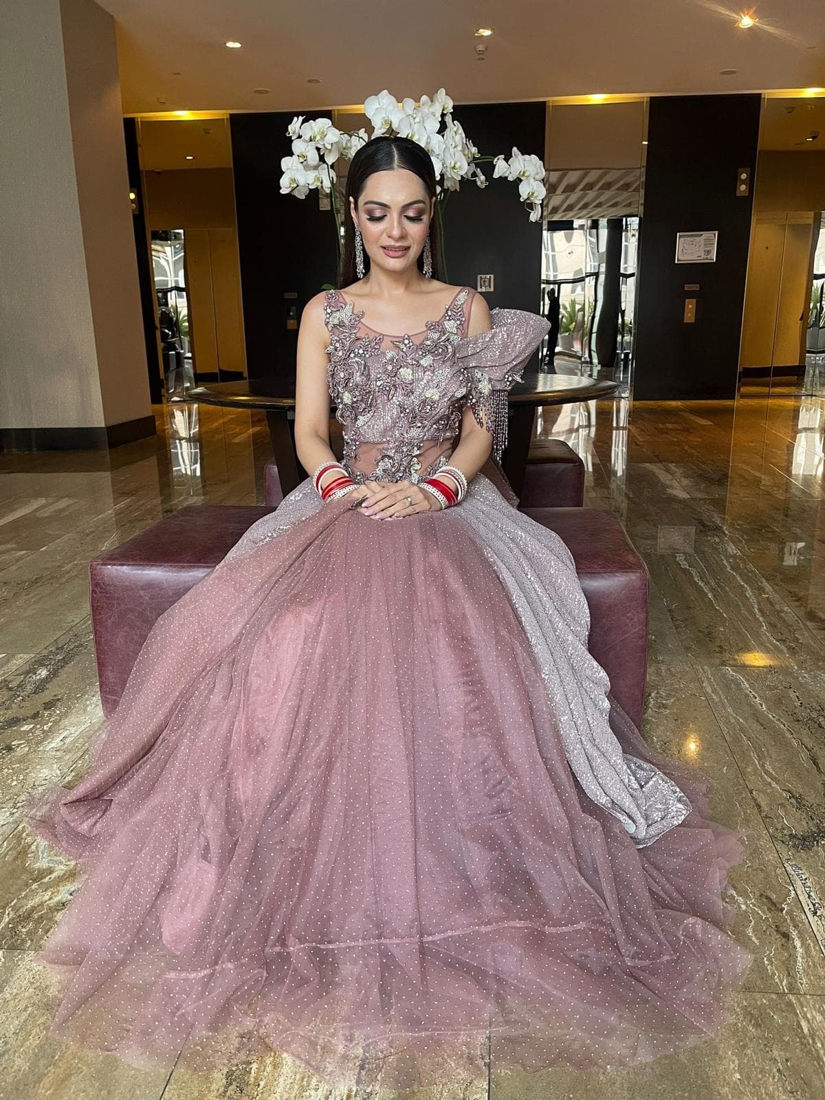 Elegant Dusty Rose & Silver Sequin Indowestern Gown with Ruffled Drape