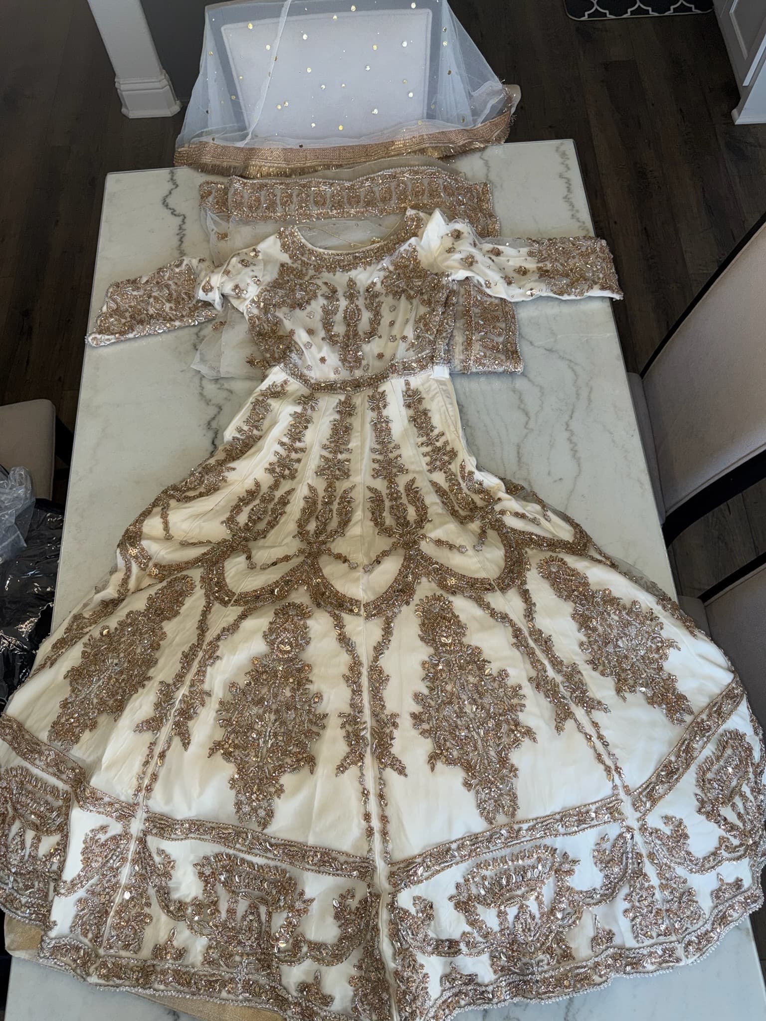 Ivory & Gold Beaded Bridal Nikkah Gown with Veil & Dupatta