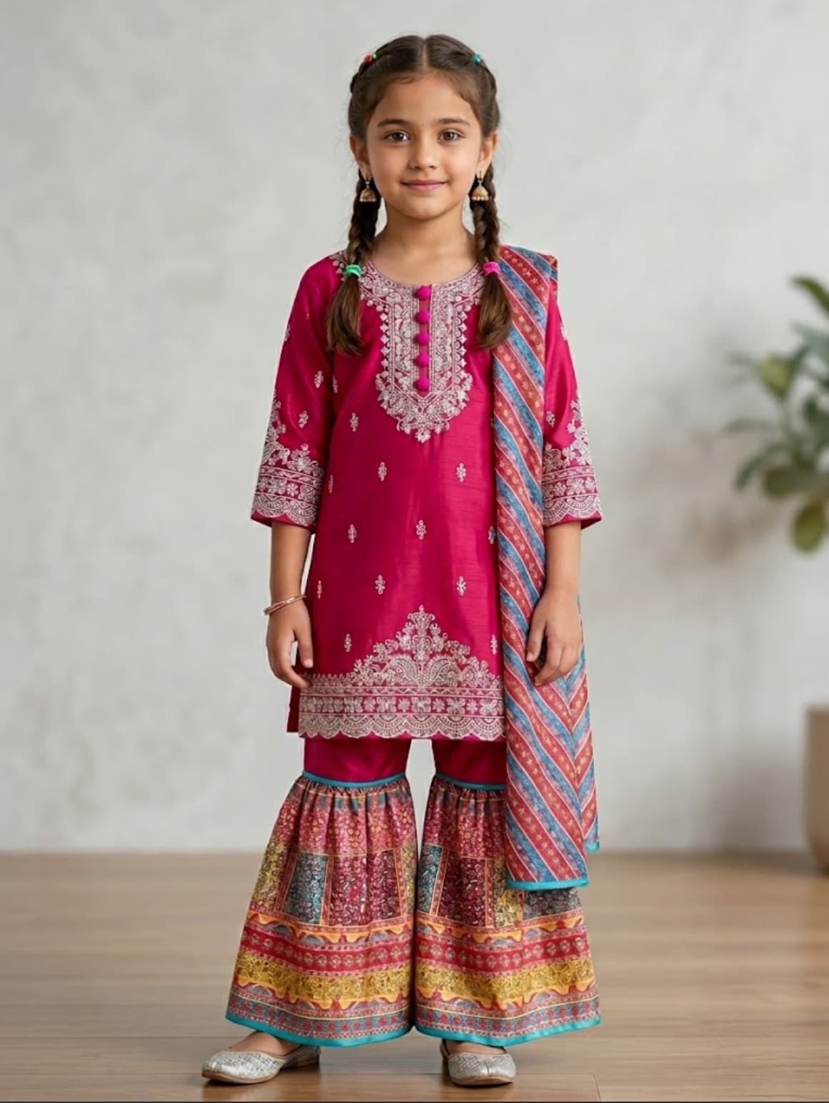 Girls Rani Pink Embroidered Kurta Gharara Suit with Striped Dupatta