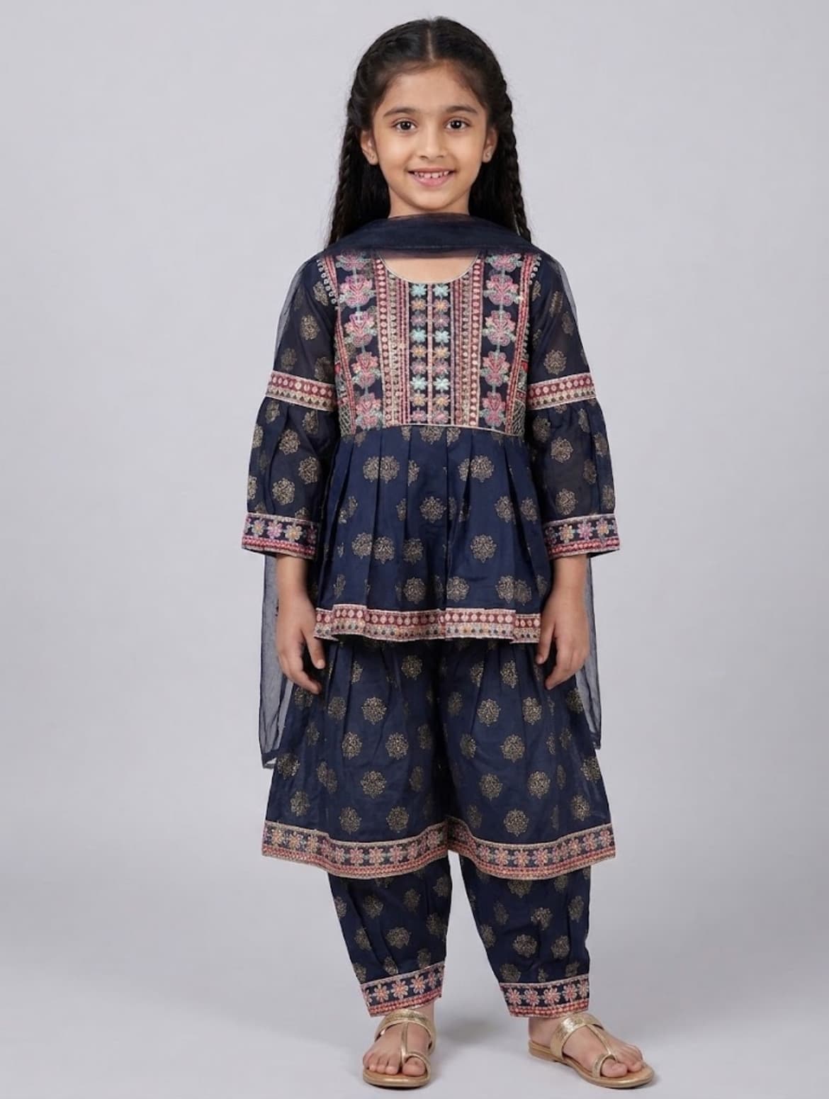 Girls Navy Blue Embroidered Flared Top & Salwar Set with Dupatta