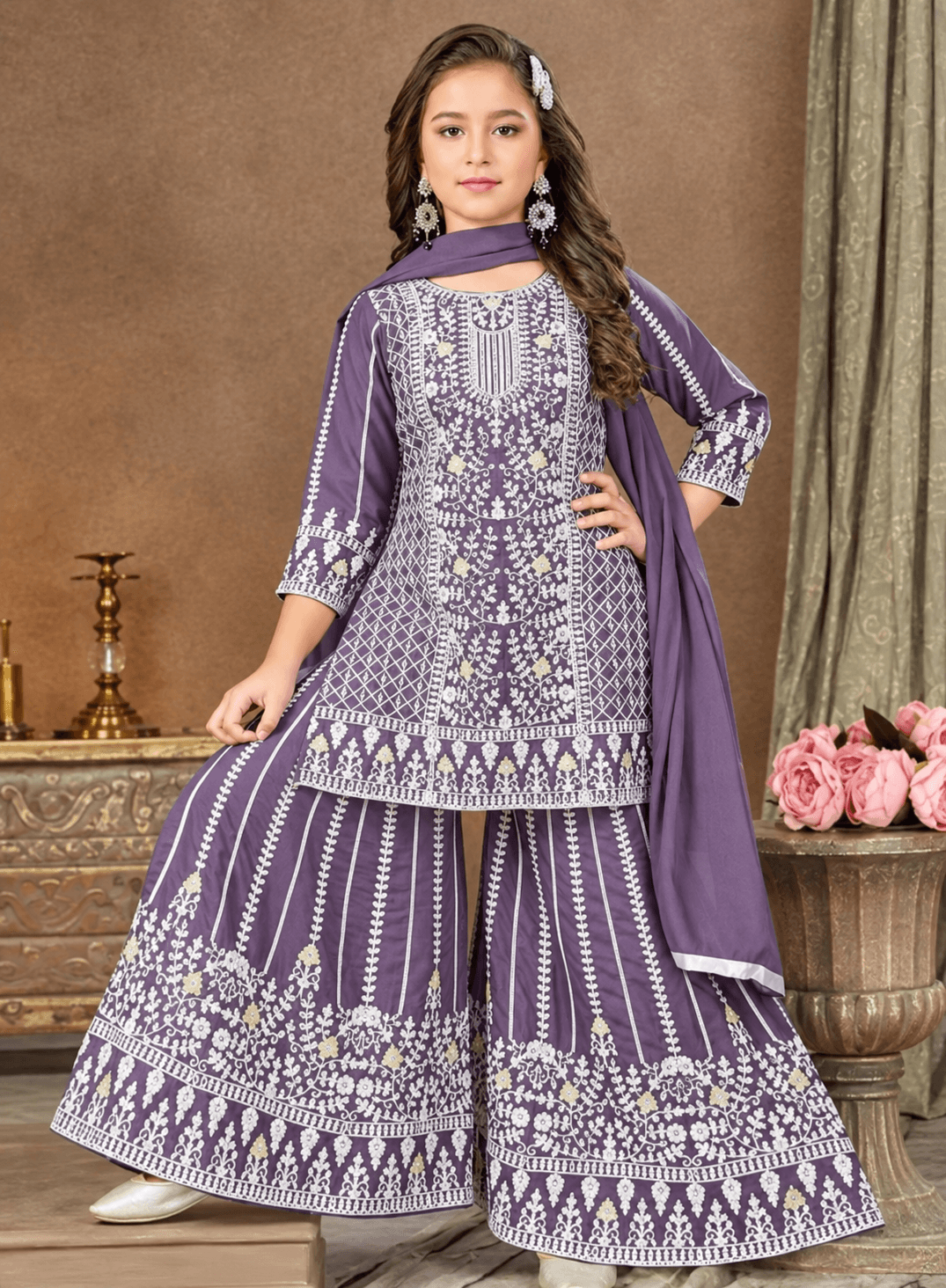 Girls Purple Embroidered Sharara Suit with Dupatta - Elegant Kids Ethnic Wear