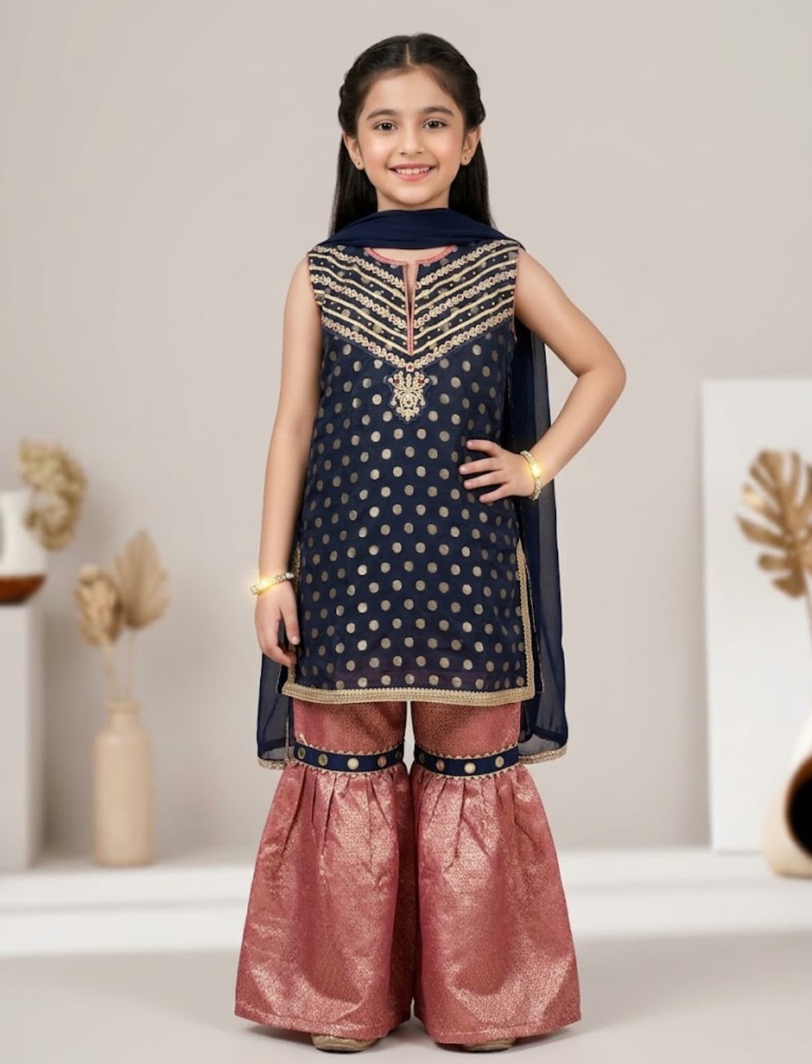 Girls Navy Blue & Pink Sharara Suit with Gold Polka Dots & Embroidery