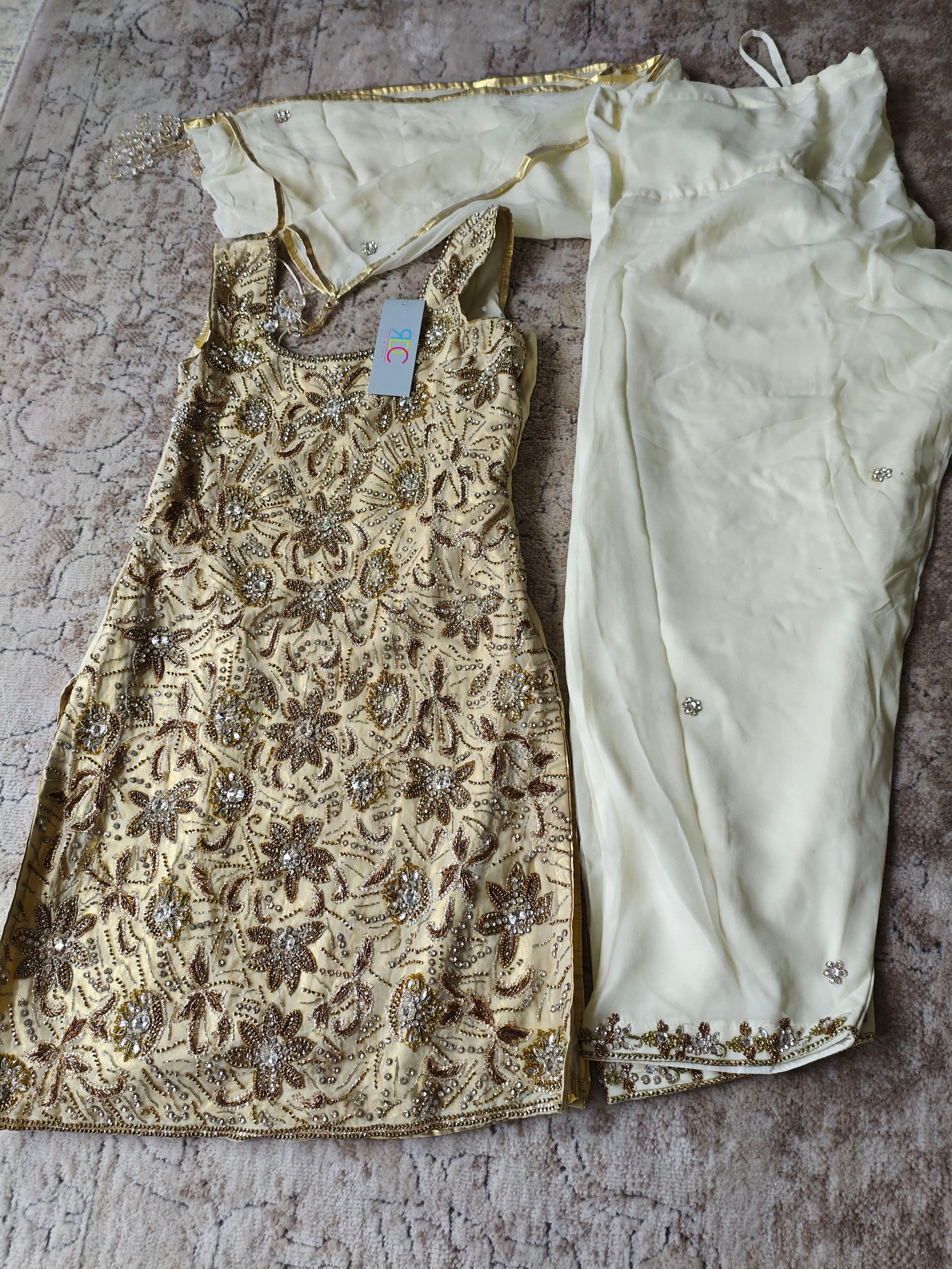 Elegant Gold and Cream Heavily Embellished Salwar Suit with Sequin and Stone Work