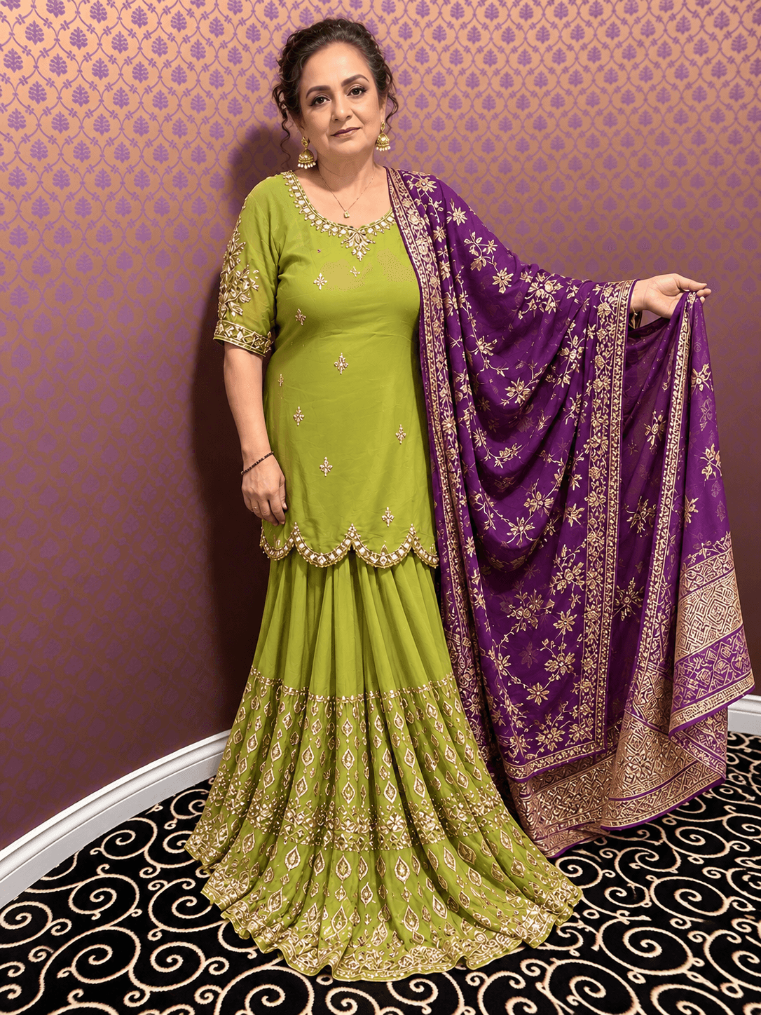 Elegant Lime Green Sharara Suit with Purple Banarasi Dupatta and Zardozi Embroidery